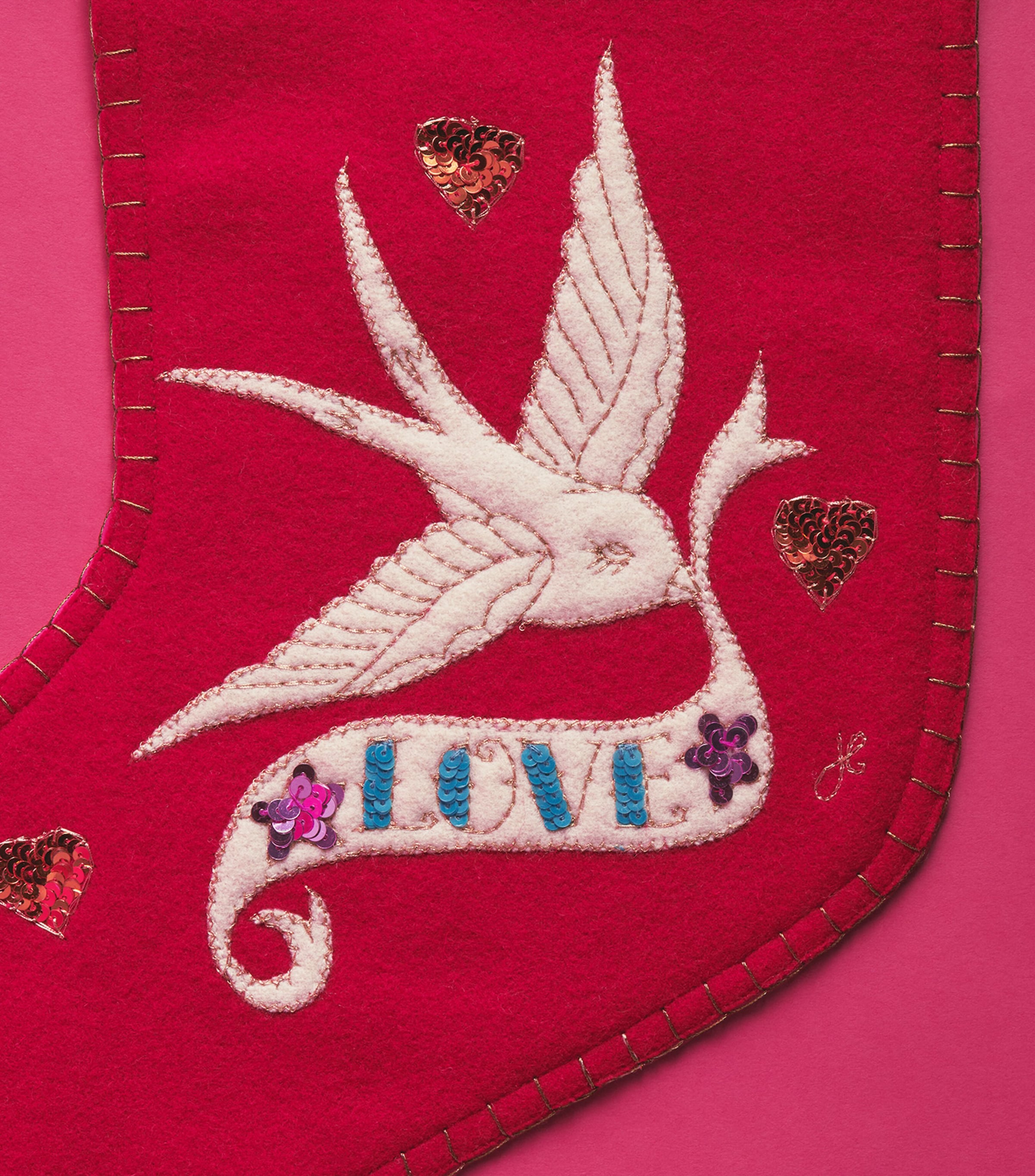 Jan Constantine Wool Embroidered Lovebird Stocking Red / Cream Cuff Image 2
