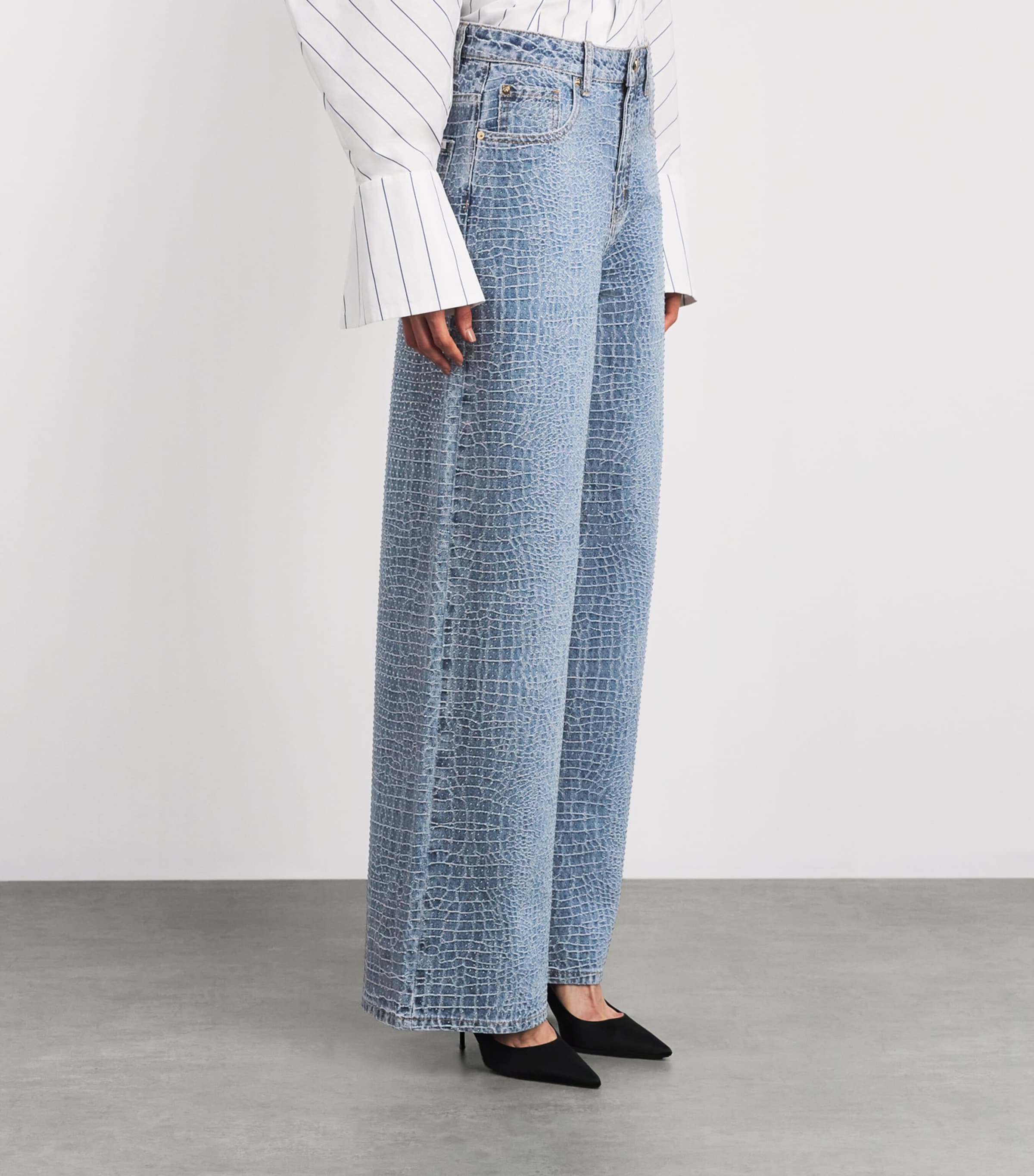 Self-Portrait Womens Croc-Effect Wide-Leg Jeans Blue Image 4