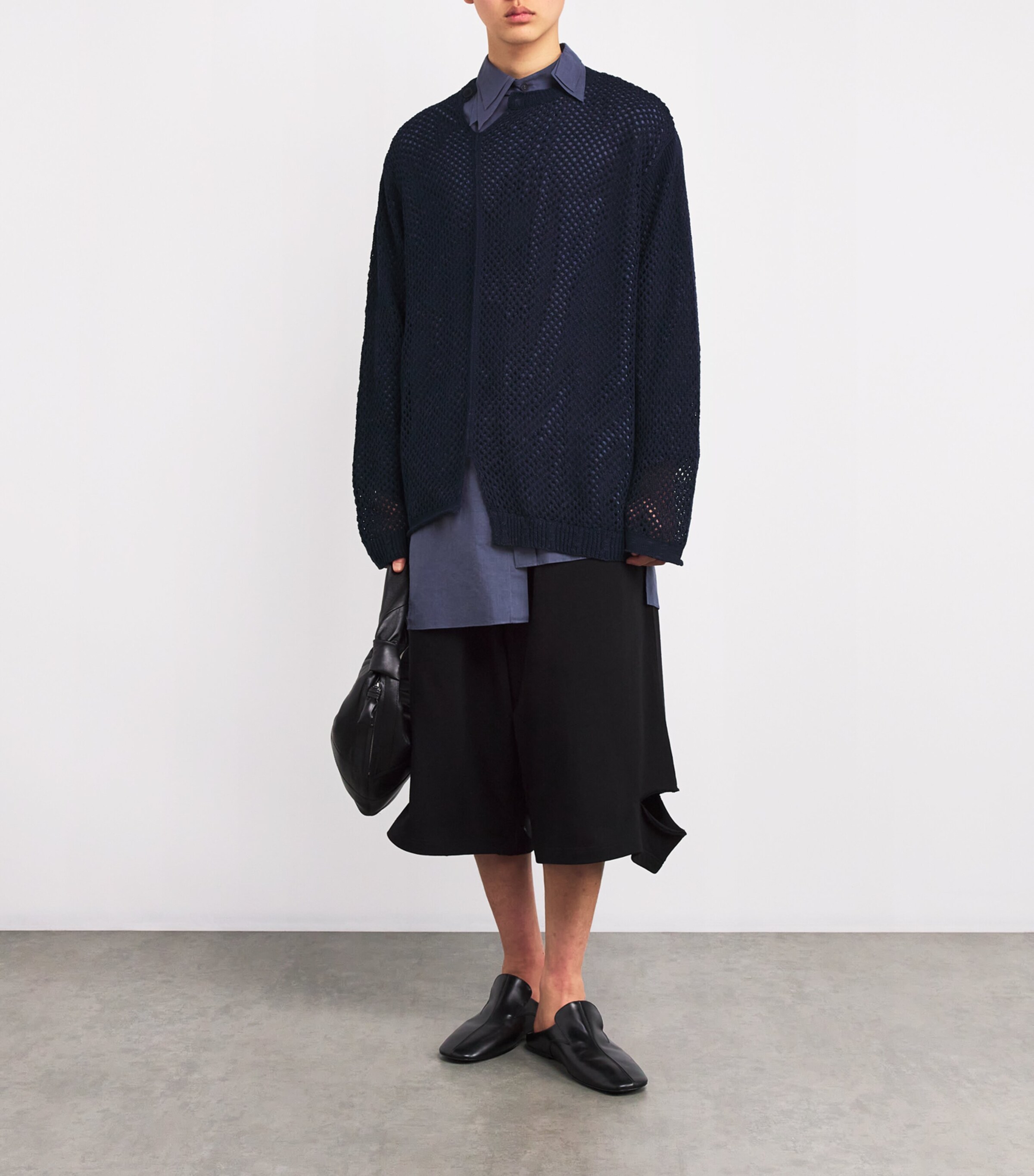 Yohji Yamamoto Mens Mesh Panel Pullover Shirt Navy Image 2