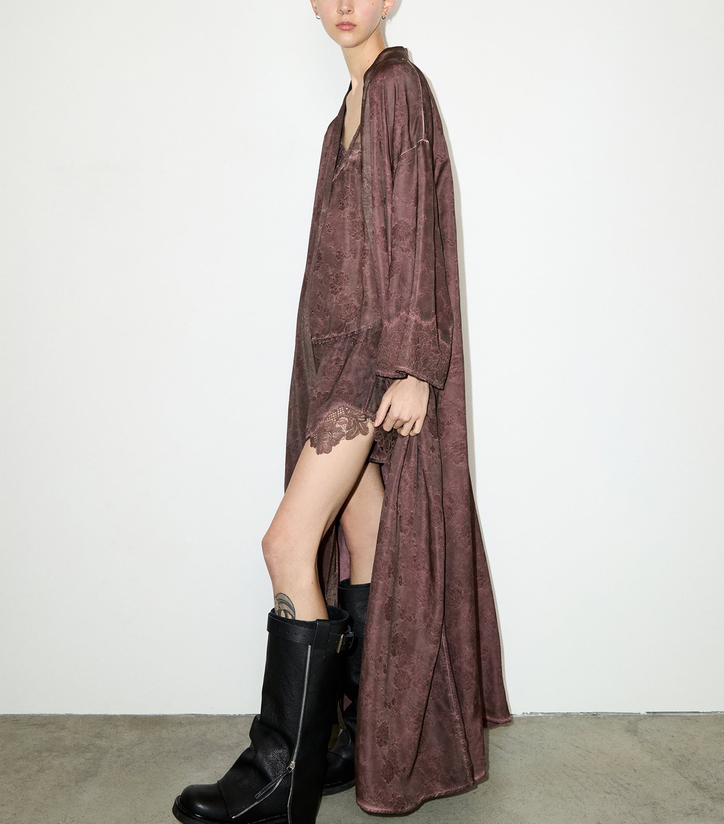 MAX&Co. Womens Satin Floral Belted Coat Chocolate Image 2