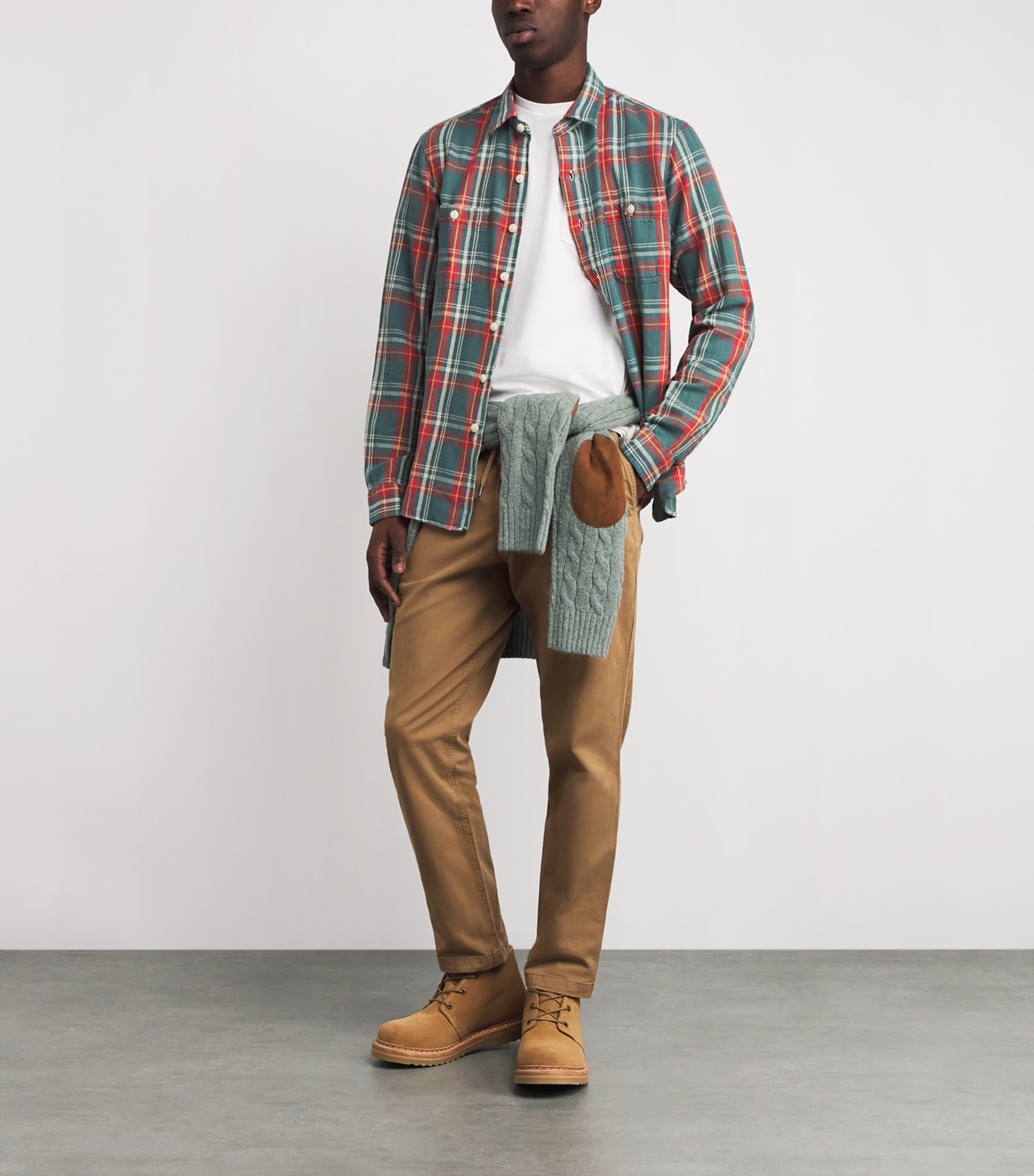 Cotton Flannel Check Overshirt GREEN RED Image 2
