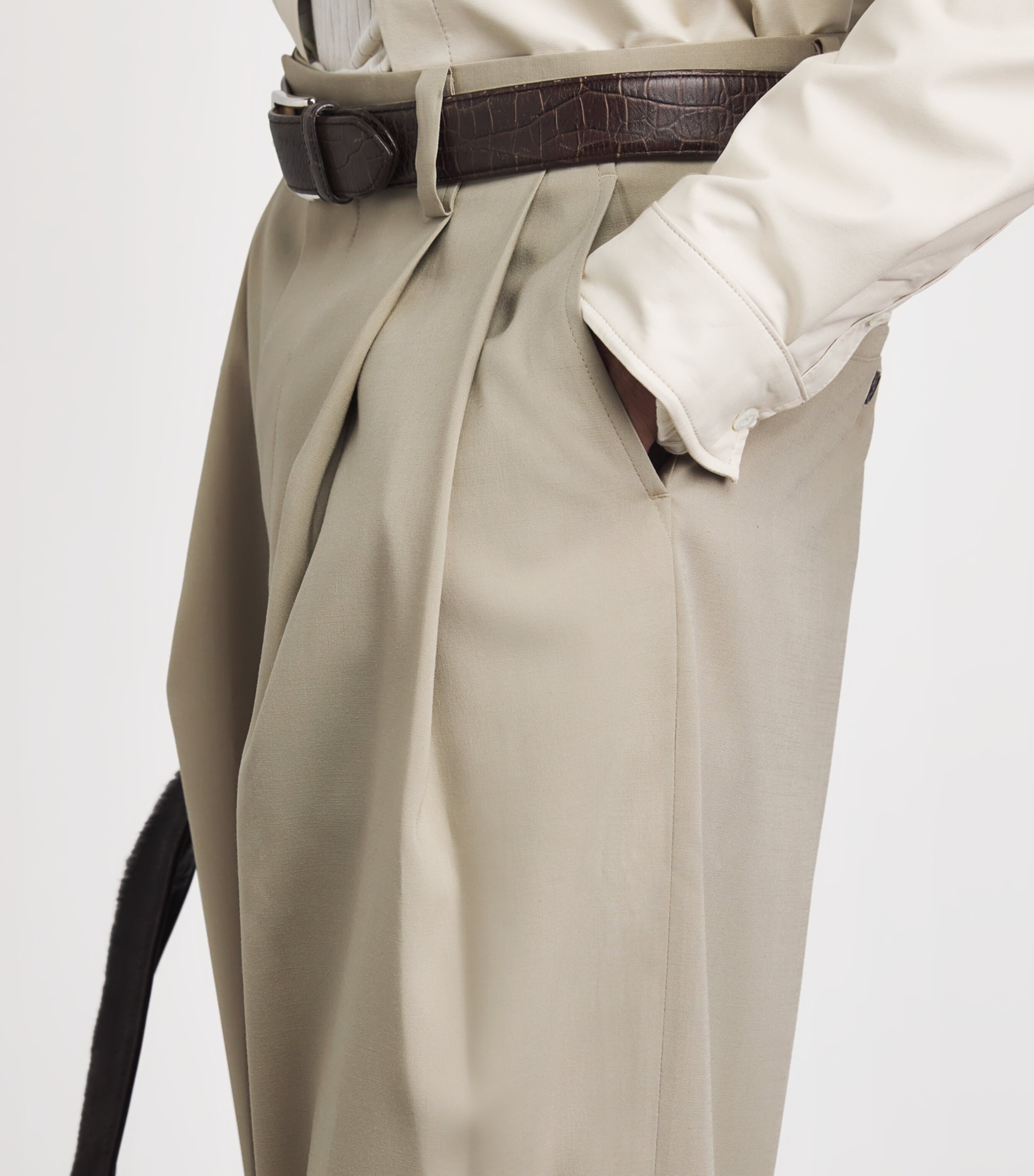 System Mens Double-Pleat Wide-Leg Trousers Khaki Beige Image 3