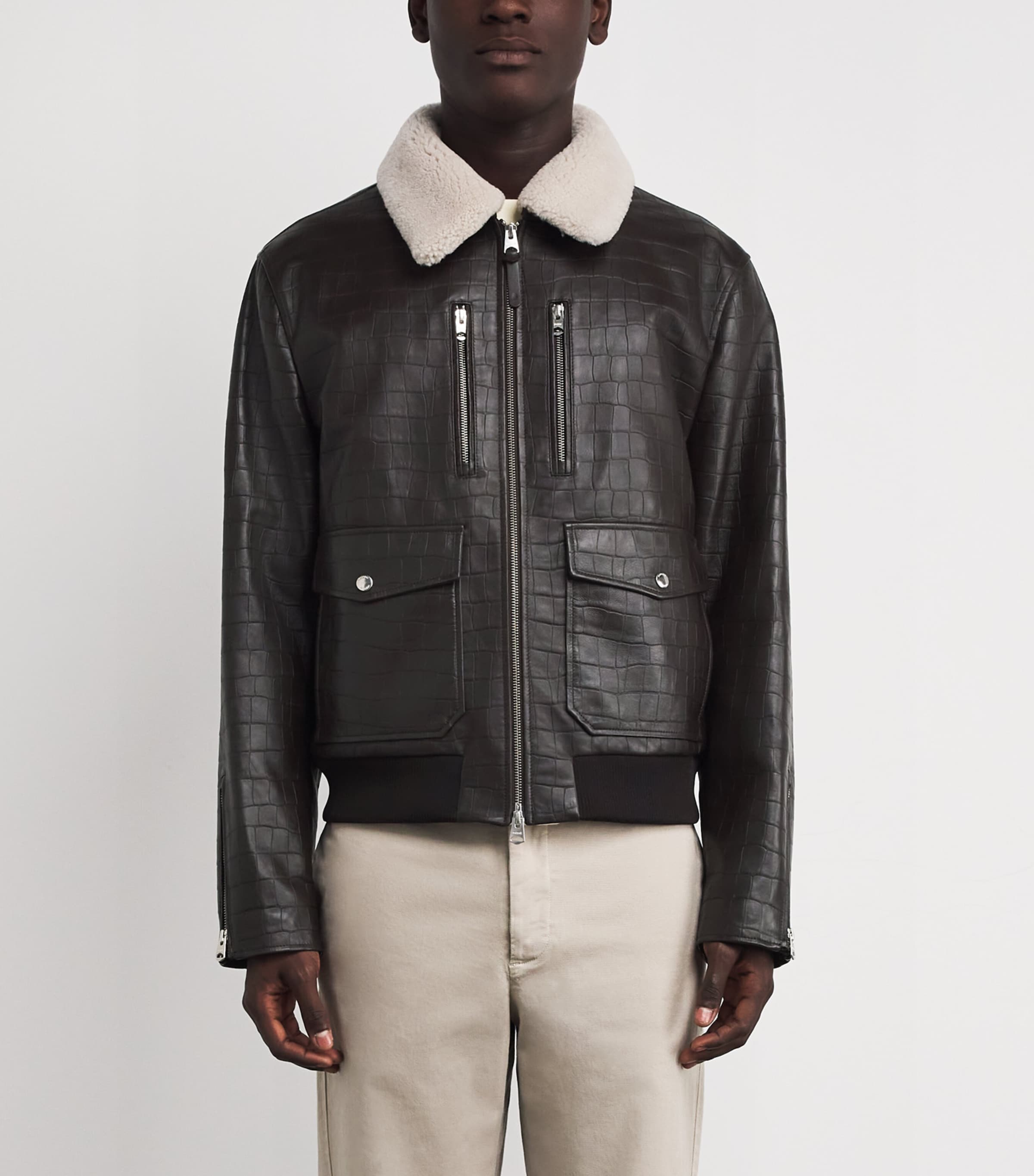 Embossed-Leather Chance-NV Bomber Jacket COFFEE A Image 3
