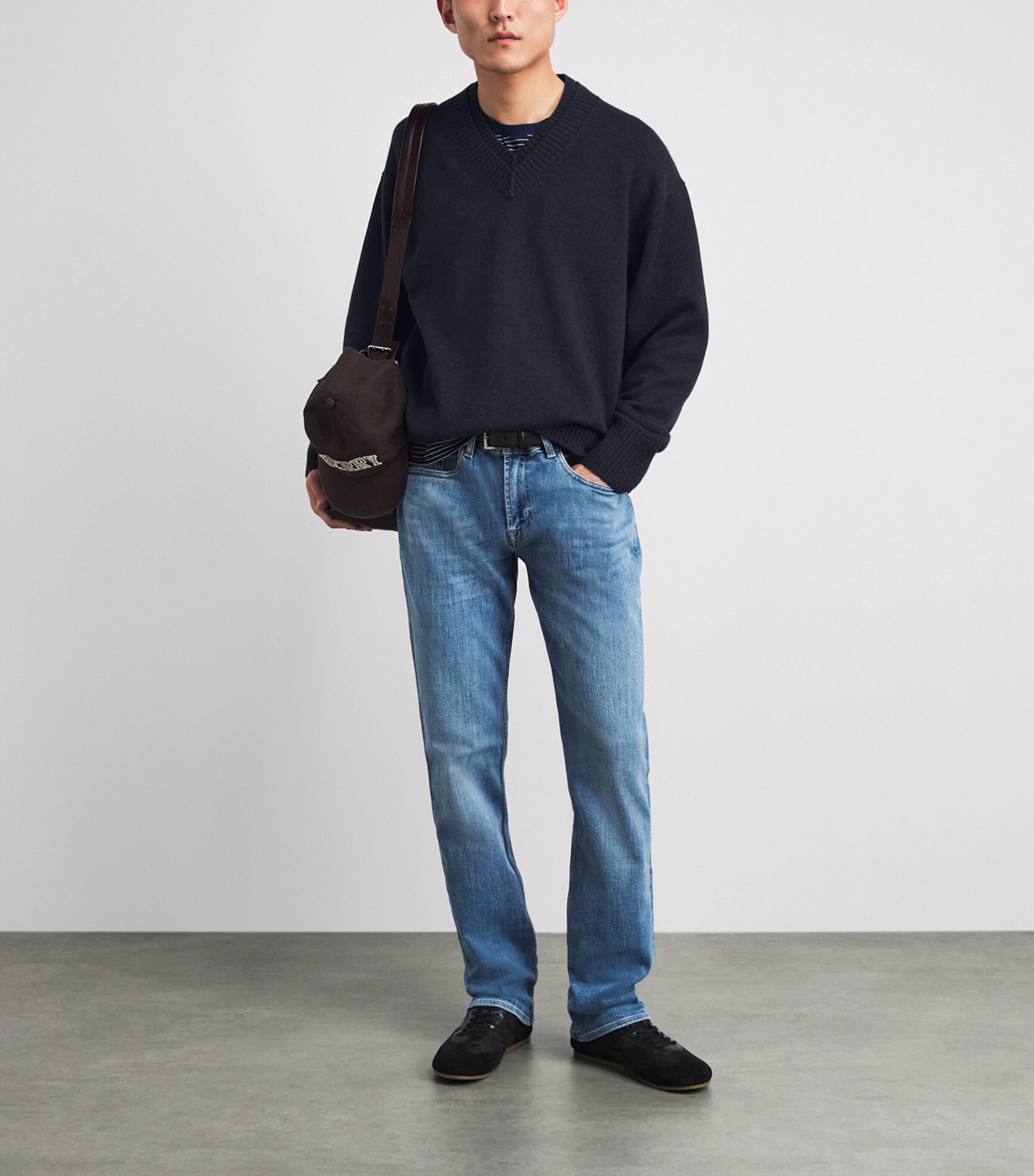 7 For All Mankind Mens Wool-Blend Double V-Neck Sweater Mid Blue Image 2