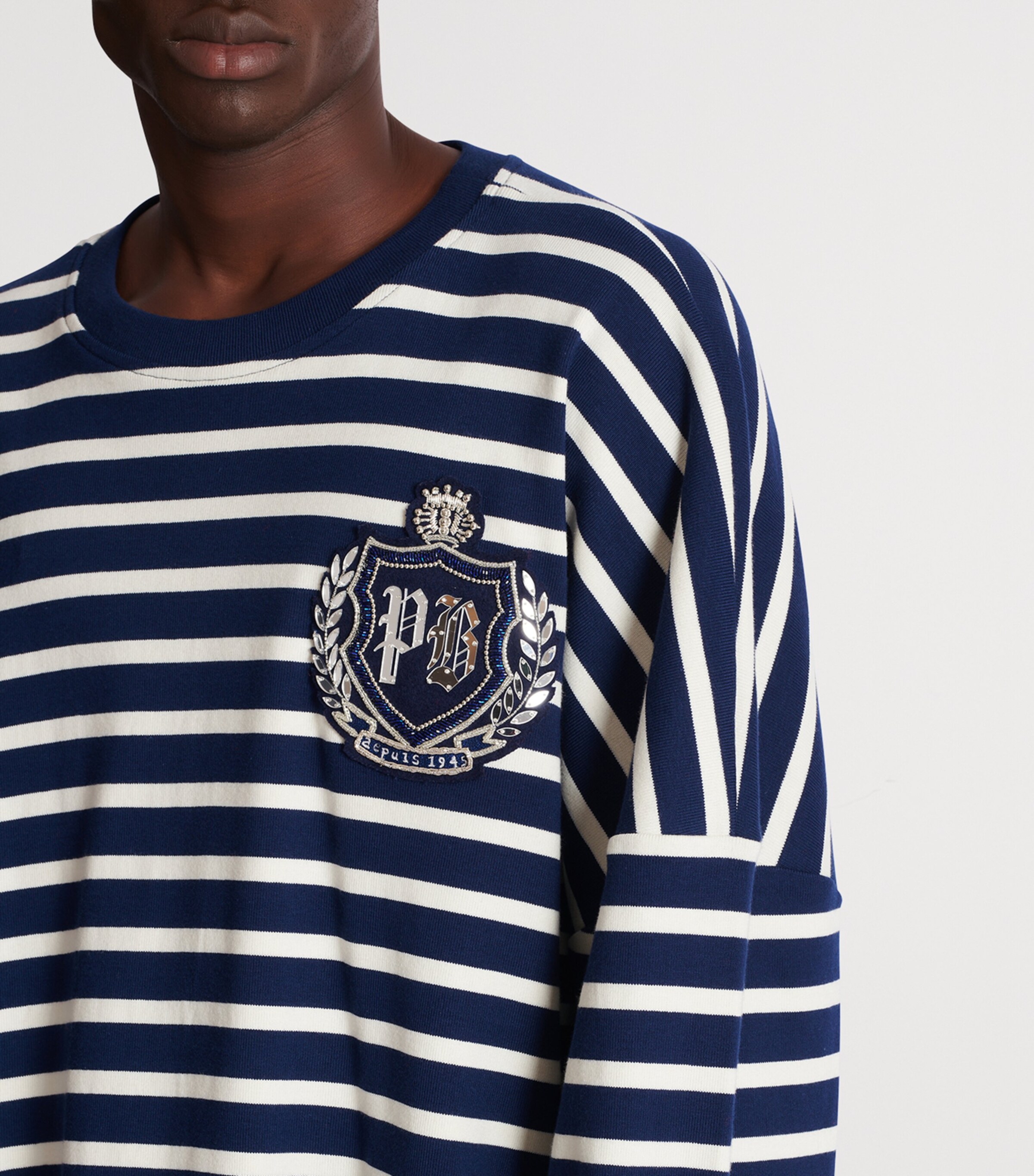 Cotton Striped College Emblem Sweatshirt SFL BLEU/BEIGE Image 9
