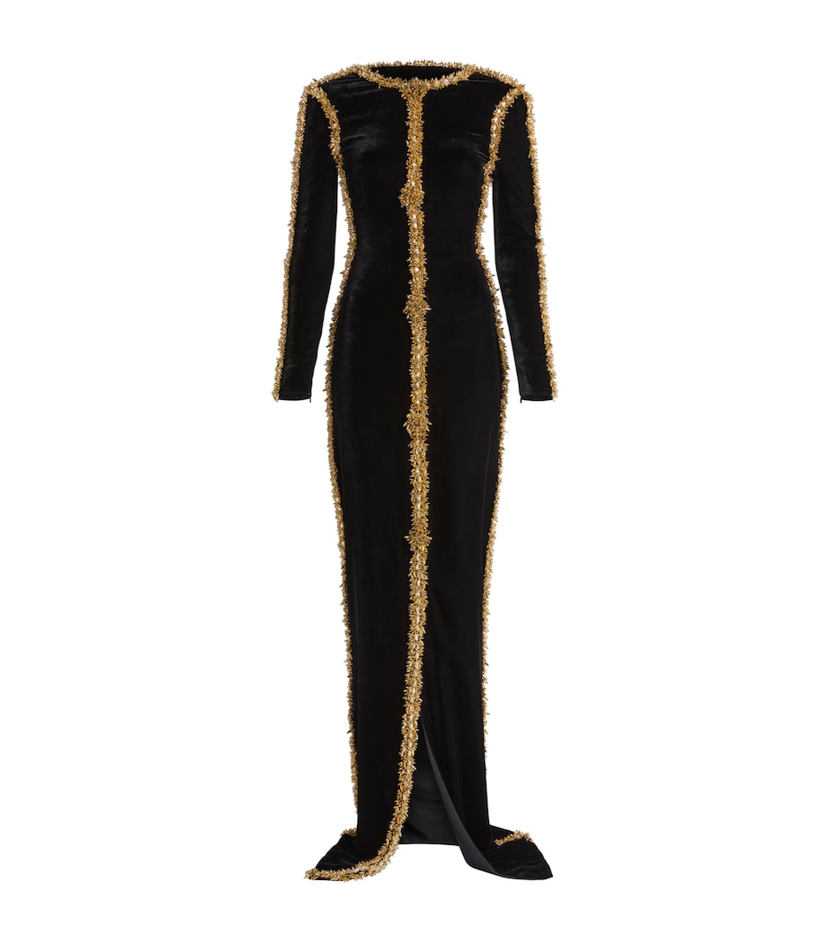 Balmain Womens Velvet Beaded-Trim Maxi Dress Ead Noir Or Image 1