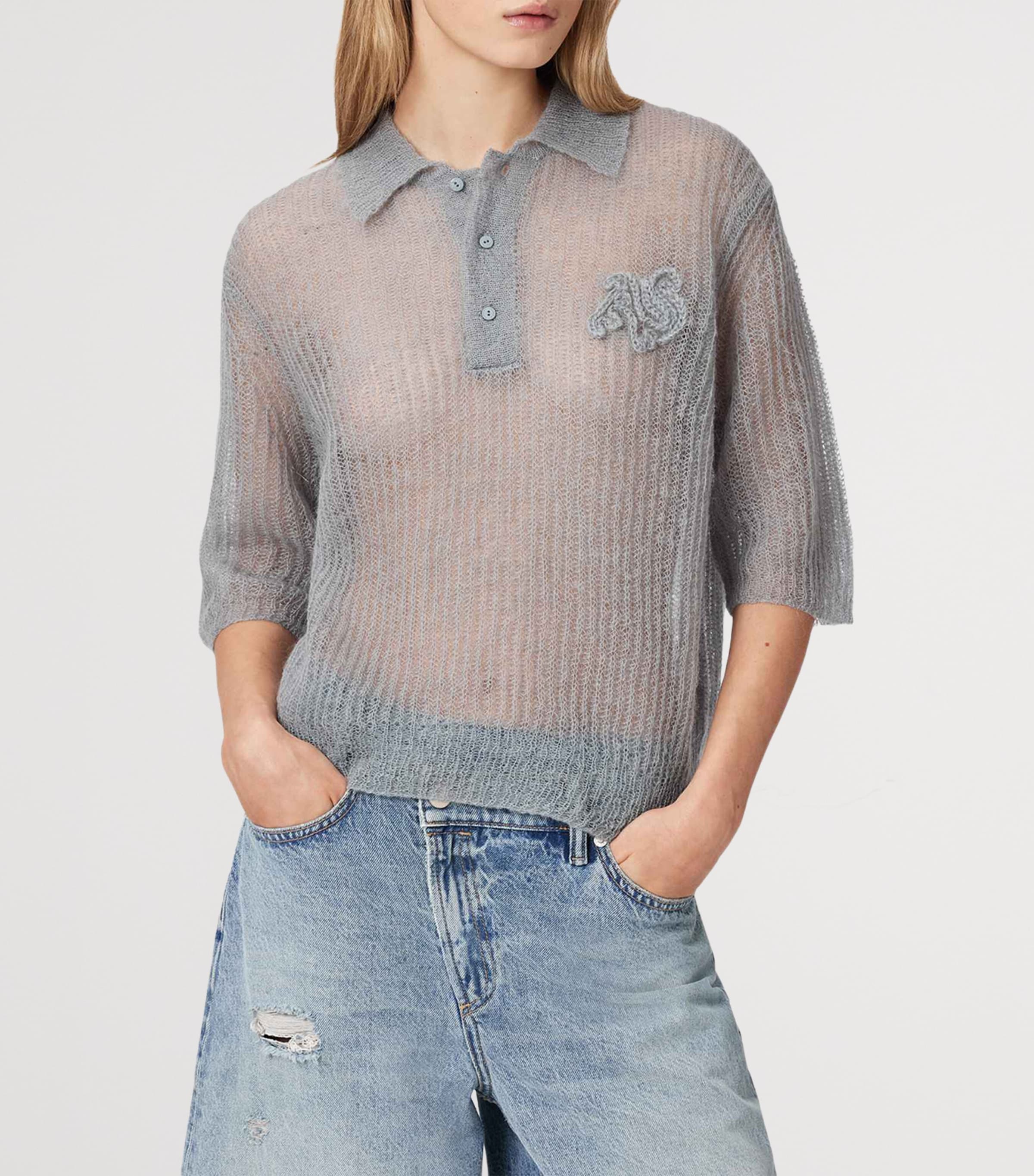 AllSaints Womens Mohair-Blend Anabel Polo Top Steel Blue Image 3