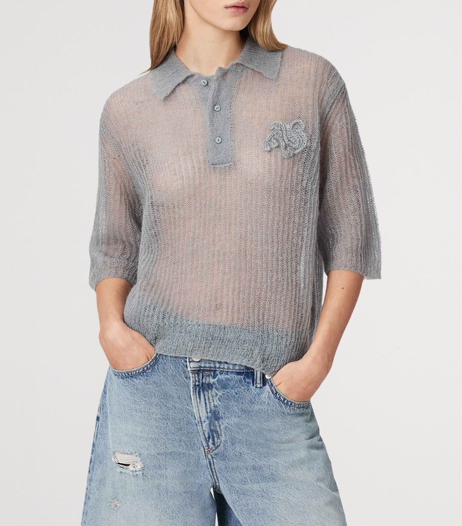 AllSaints Womens Mohair-Blend Anabel Polo Top Steel Blue Image 3