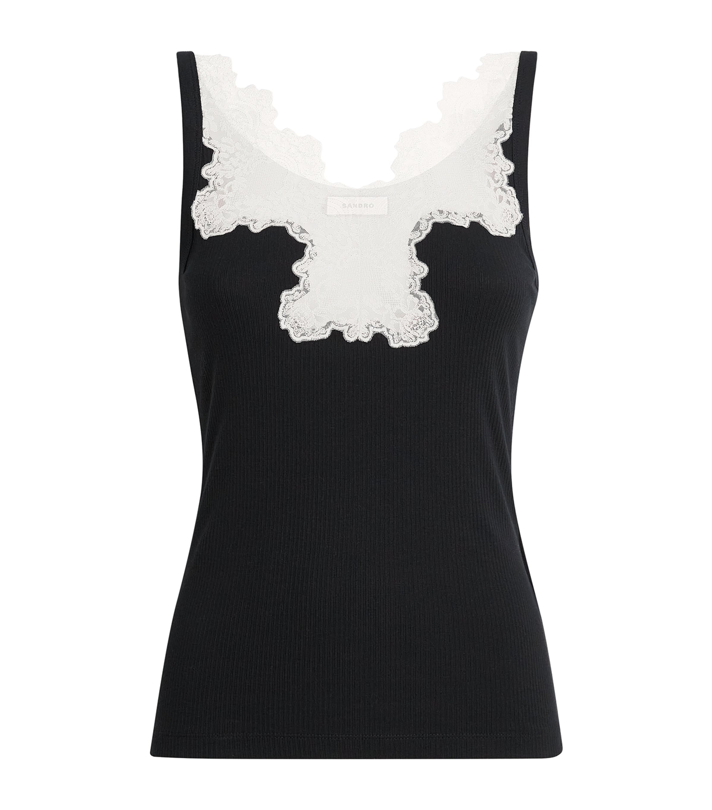 Sandro Paris Womens Ribbed Lace-Trim Tank Top Black Image 1