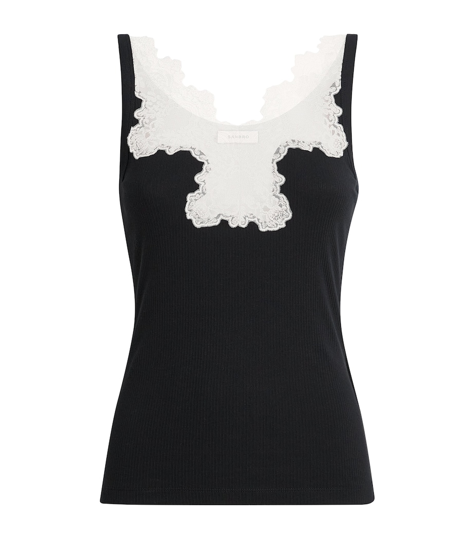 Sandro Paris Womens Ribbed Lace-Trim Tank Top Black Image 1