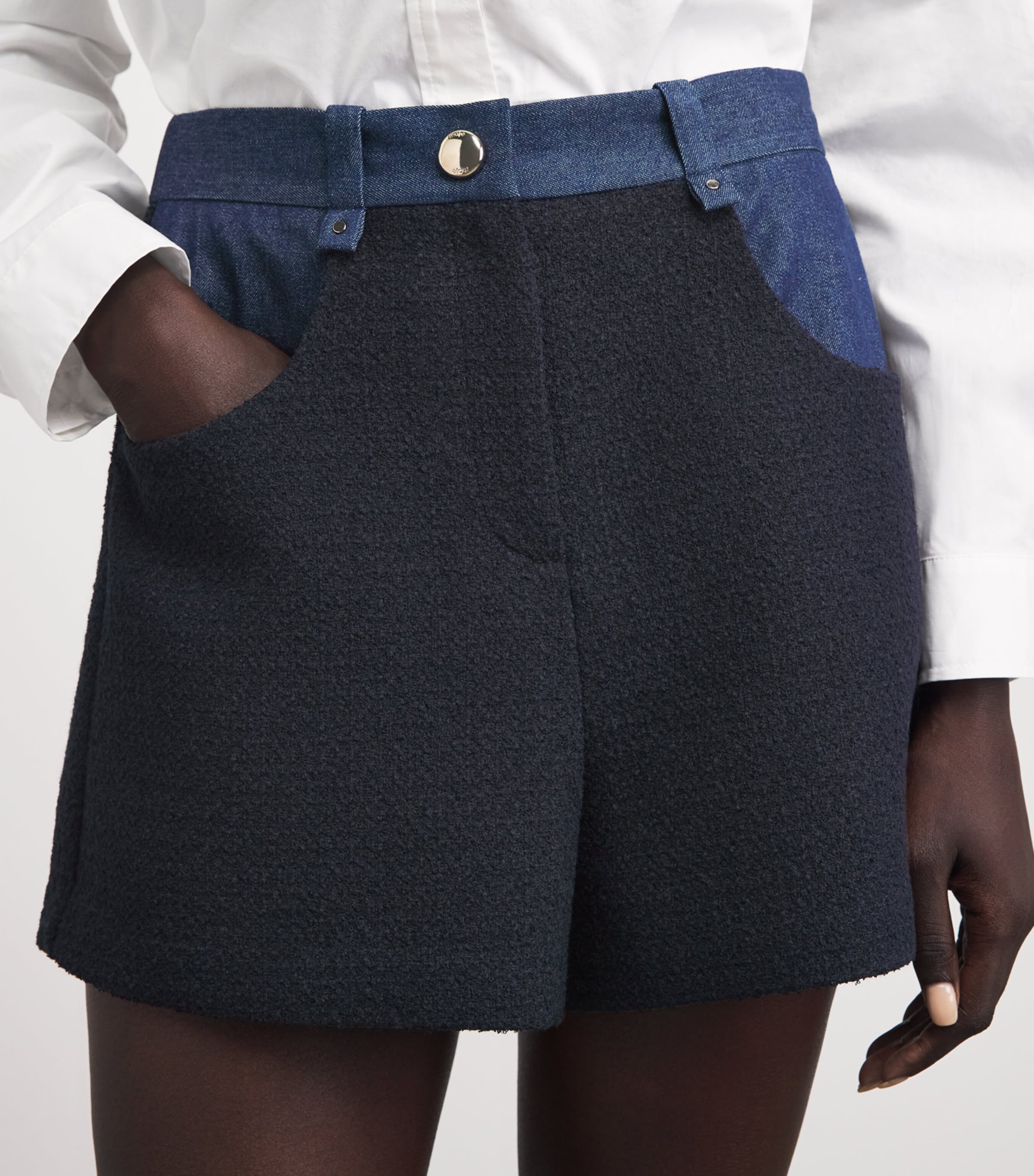 Maje Womens Tweed Denim-Trim Shorts Navy Image 3