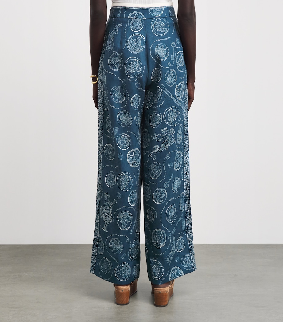 ALEMAIS Womens Linen Printed Lucky Trousers Blue Image 5