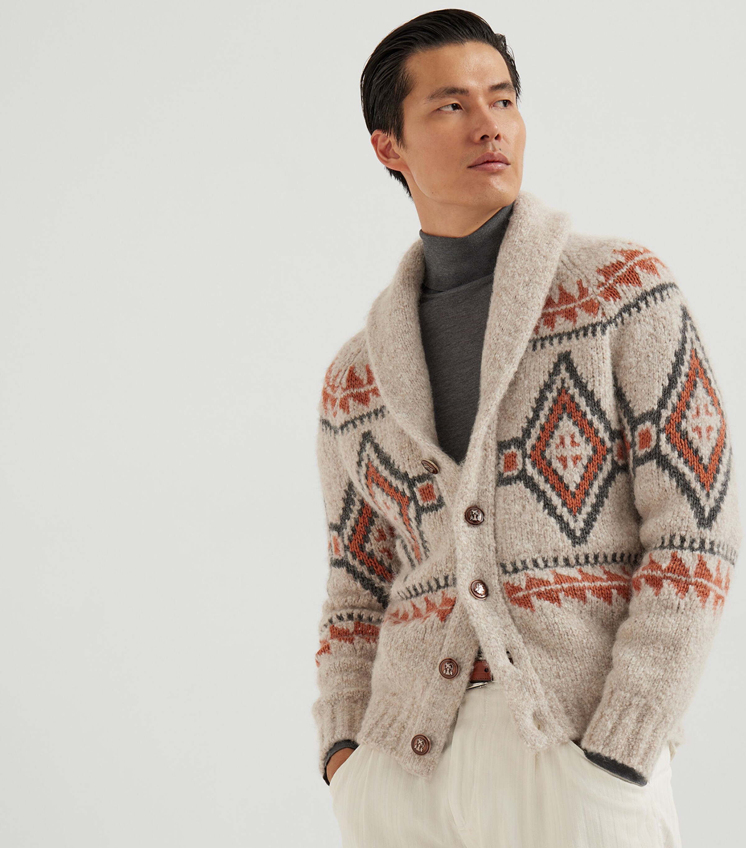 Brunello Cucinelli White Alpaca-Blend Jacquard Cardigan | Harrods US