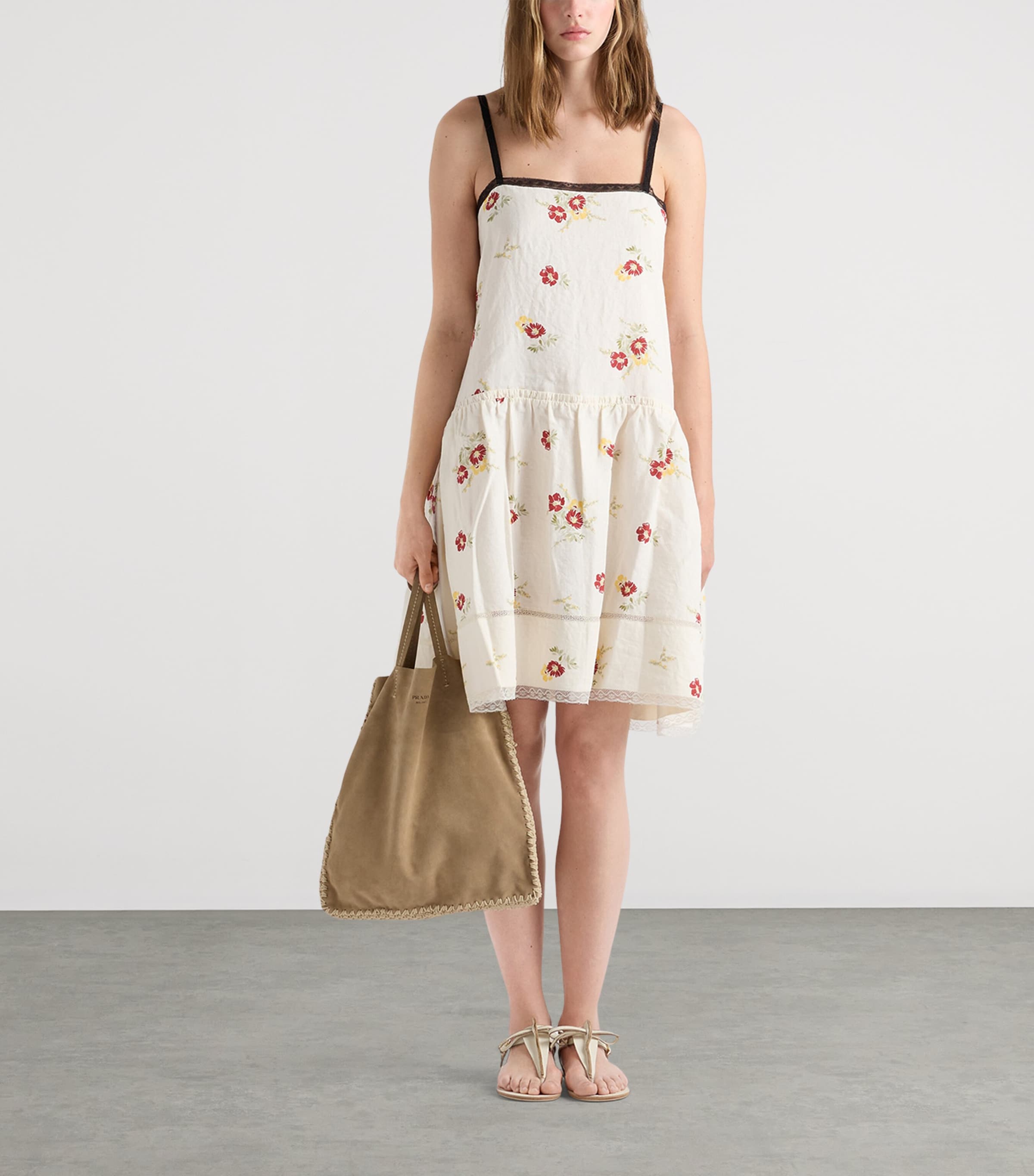 Prada Womens Linen Floral Mini Dress Red Image 2