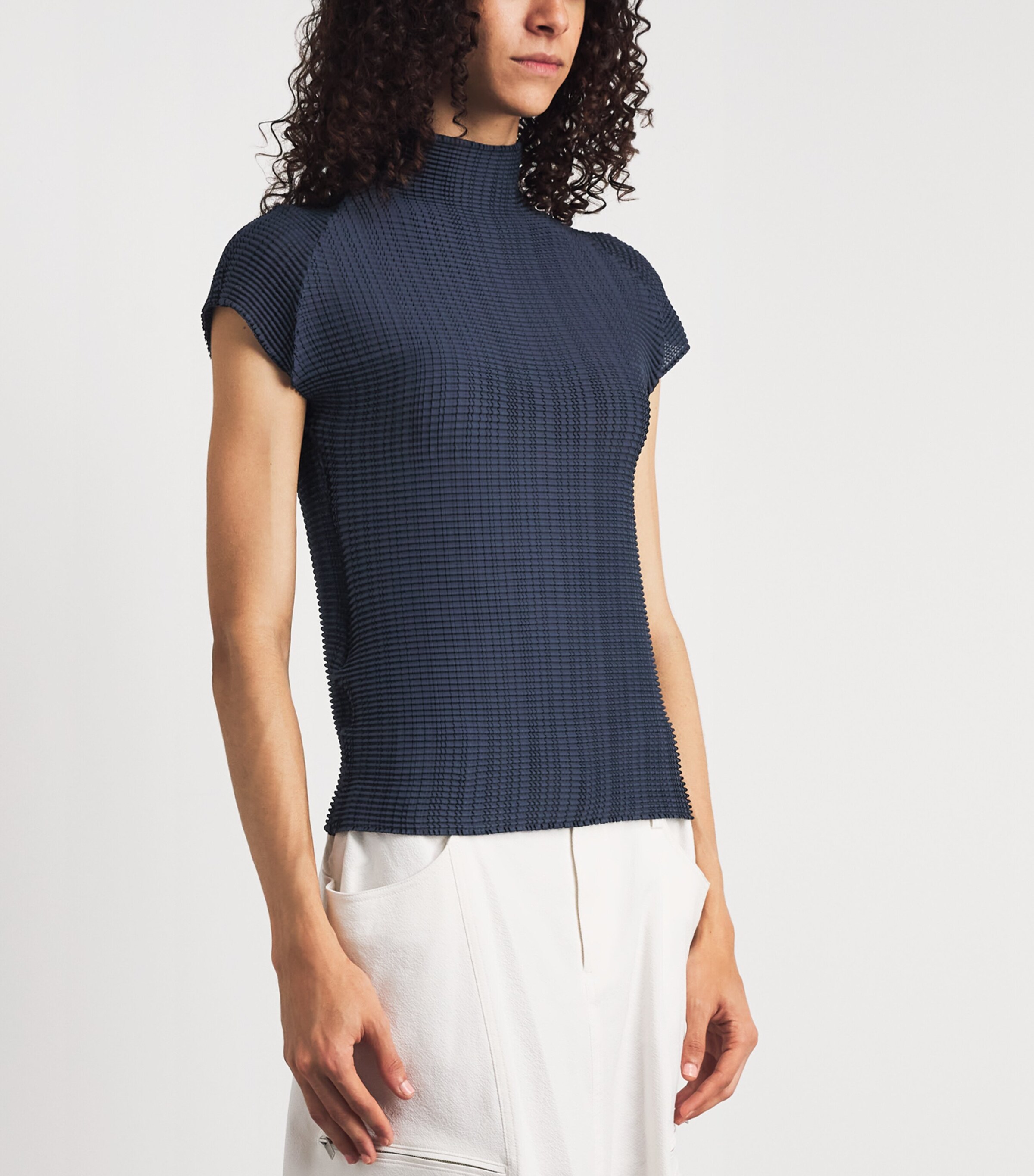 Issey Miyake Womens Wooly Pleats Mock-Neck Top Dark Navy Image 4