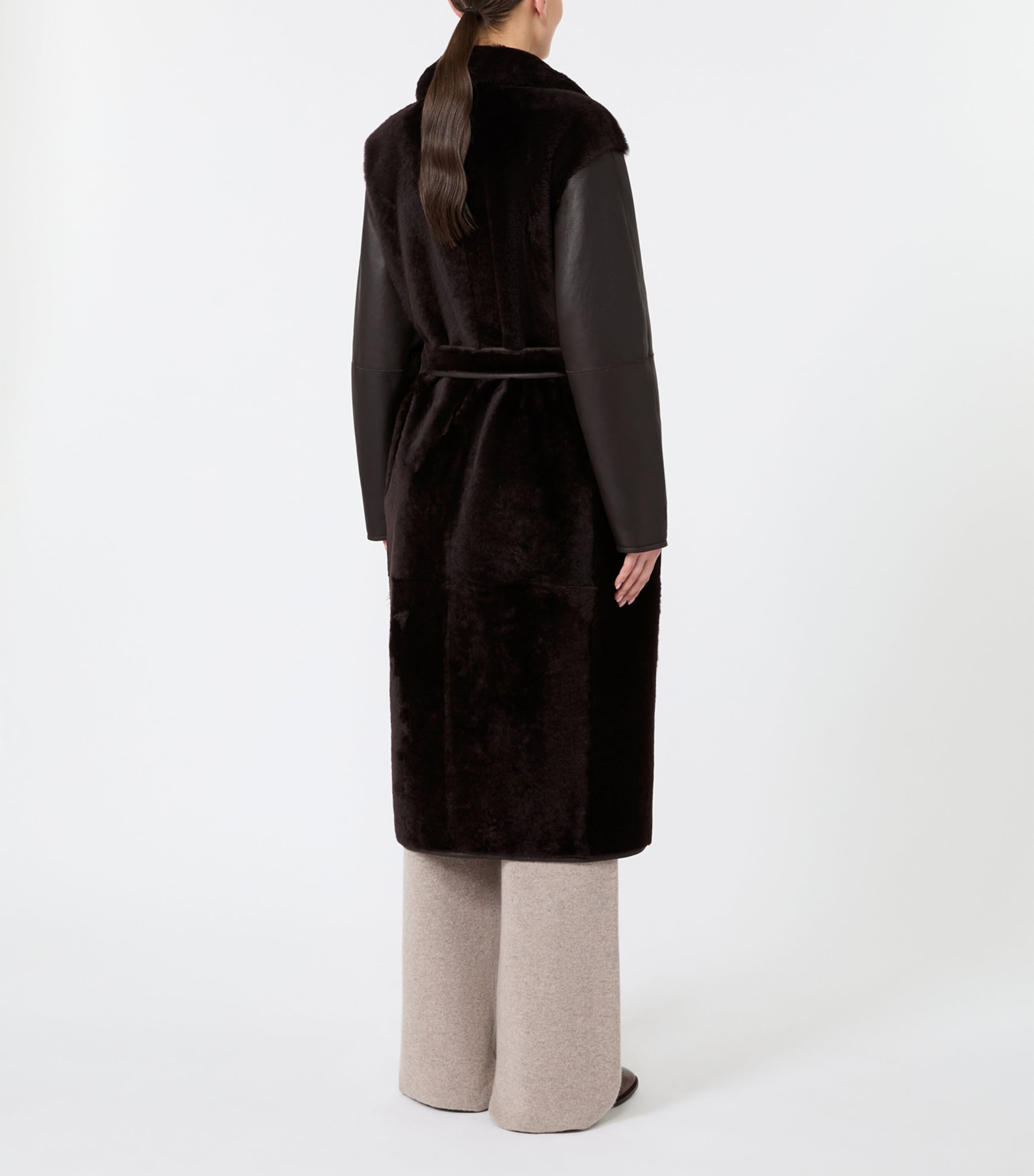 Max Mara Womens Leather-Shearling Belted Longline Coat Dark Brown Image 3