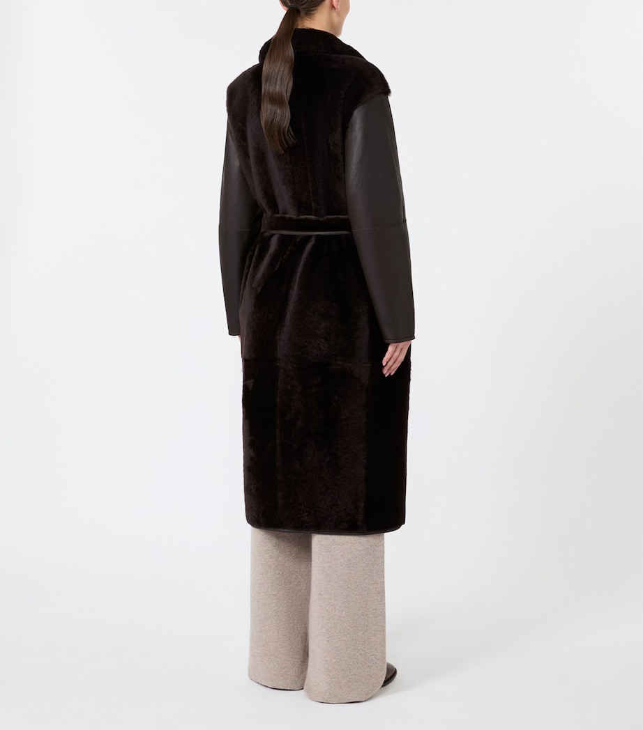 Max Mara Womens Leather-Shearling Belted Longline Coat Dark Brown Image 3