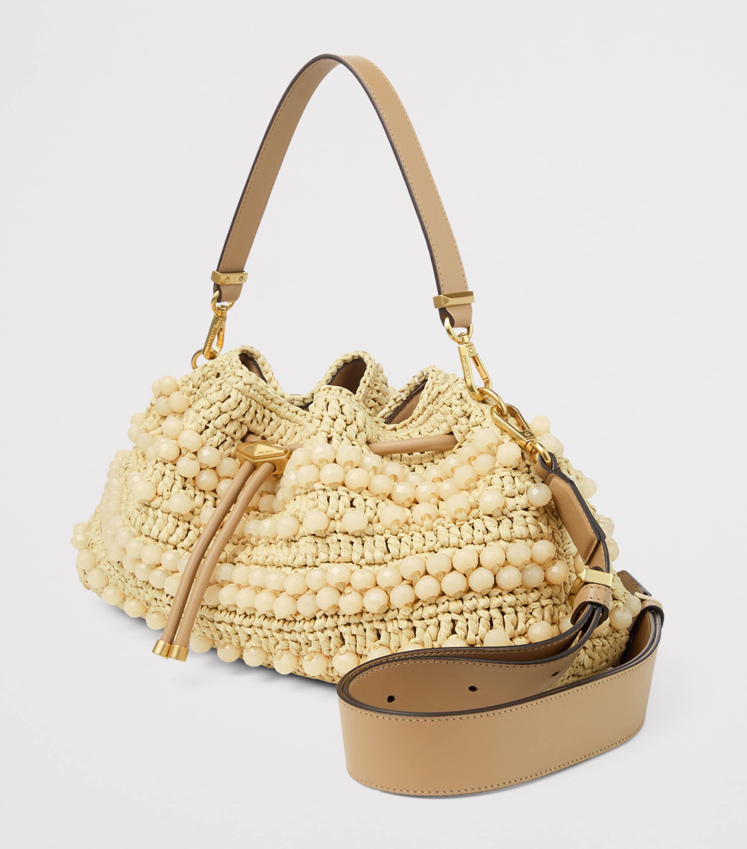 Jimmy Choo ストライプパーティーバッグ Drawstring Tote L | Multi and Tan Chevron Raffia Drawstring Tote
