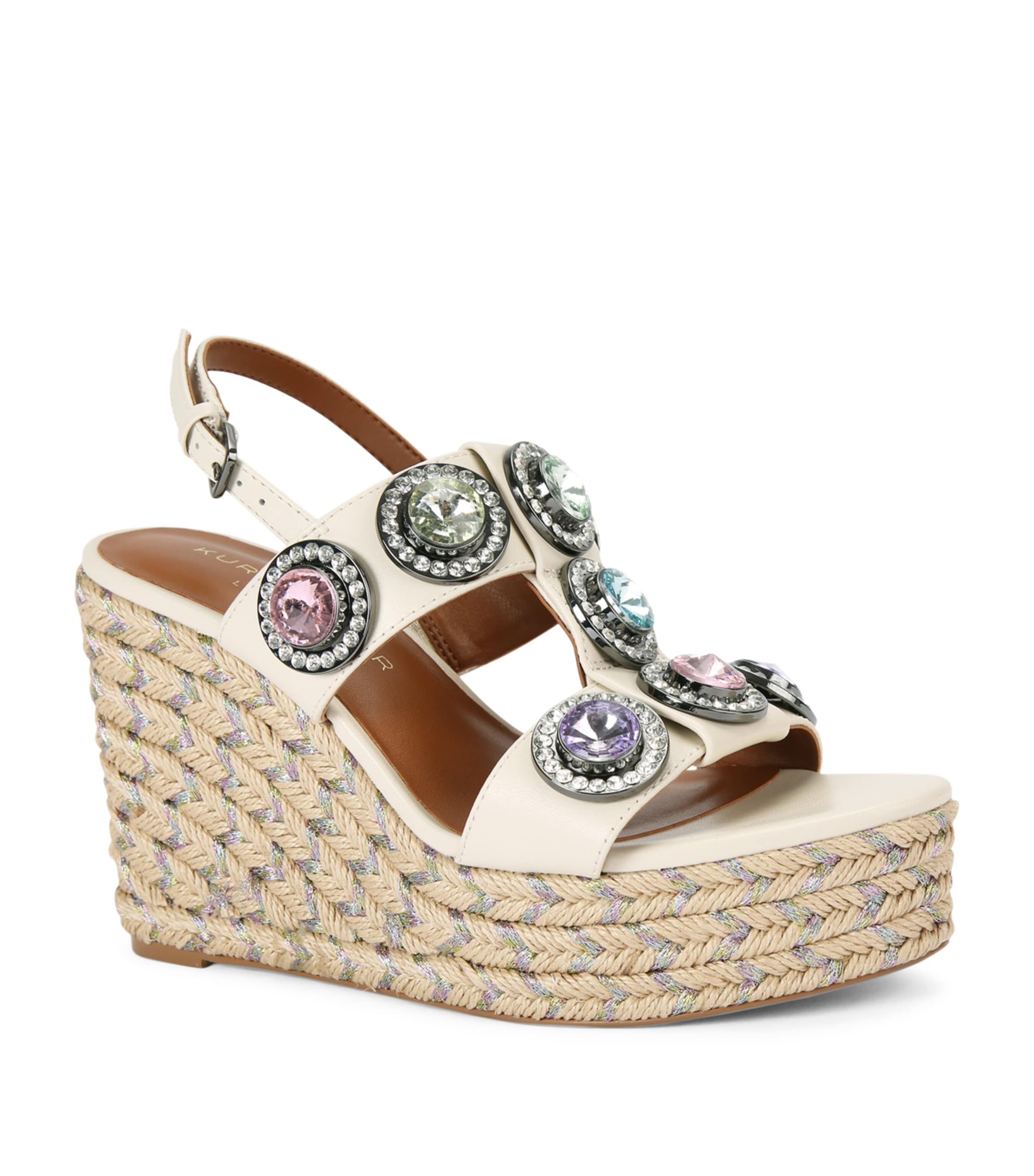 KURT GEIGER LEATHER EMBELLISHED OCTAVIA HEELED WEDGES 105