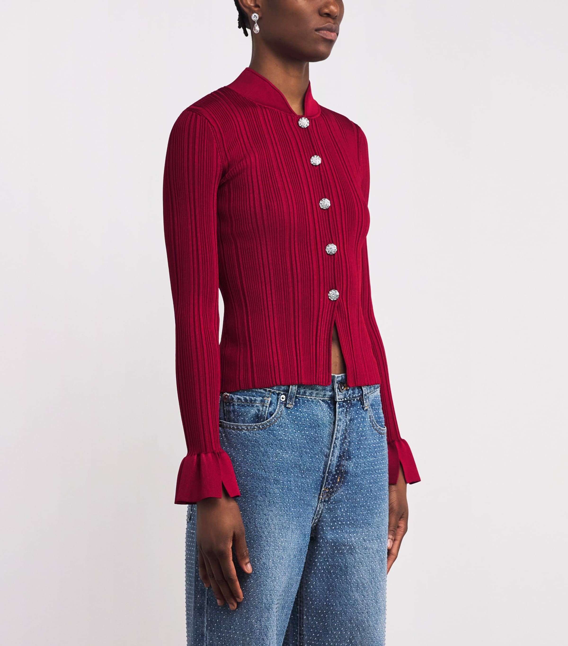 Rib-Knit Cardigan RED Image 3