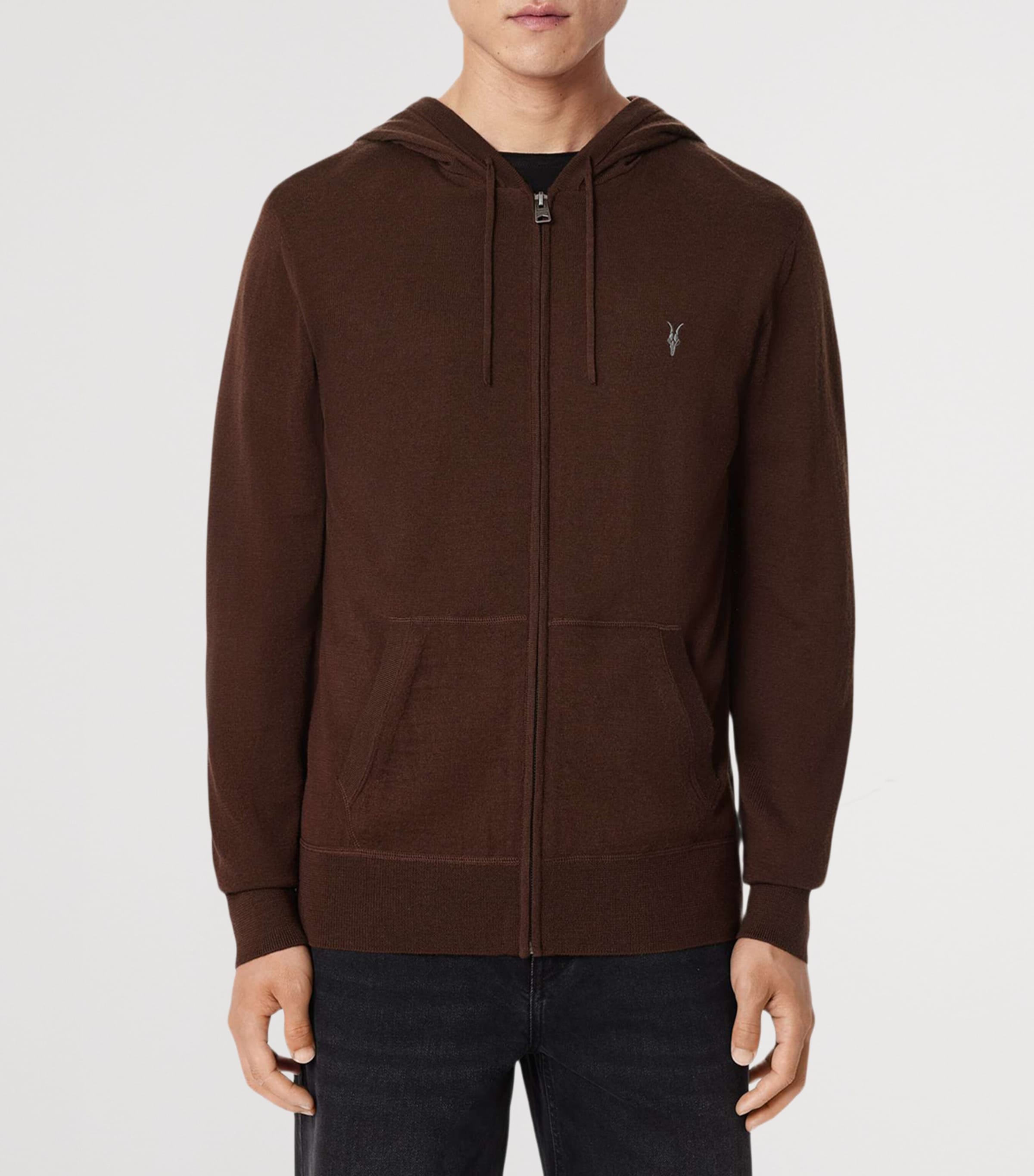 AllSaints Mens Merino Wool Mode Hoodie Hot Choc Brown Image 3