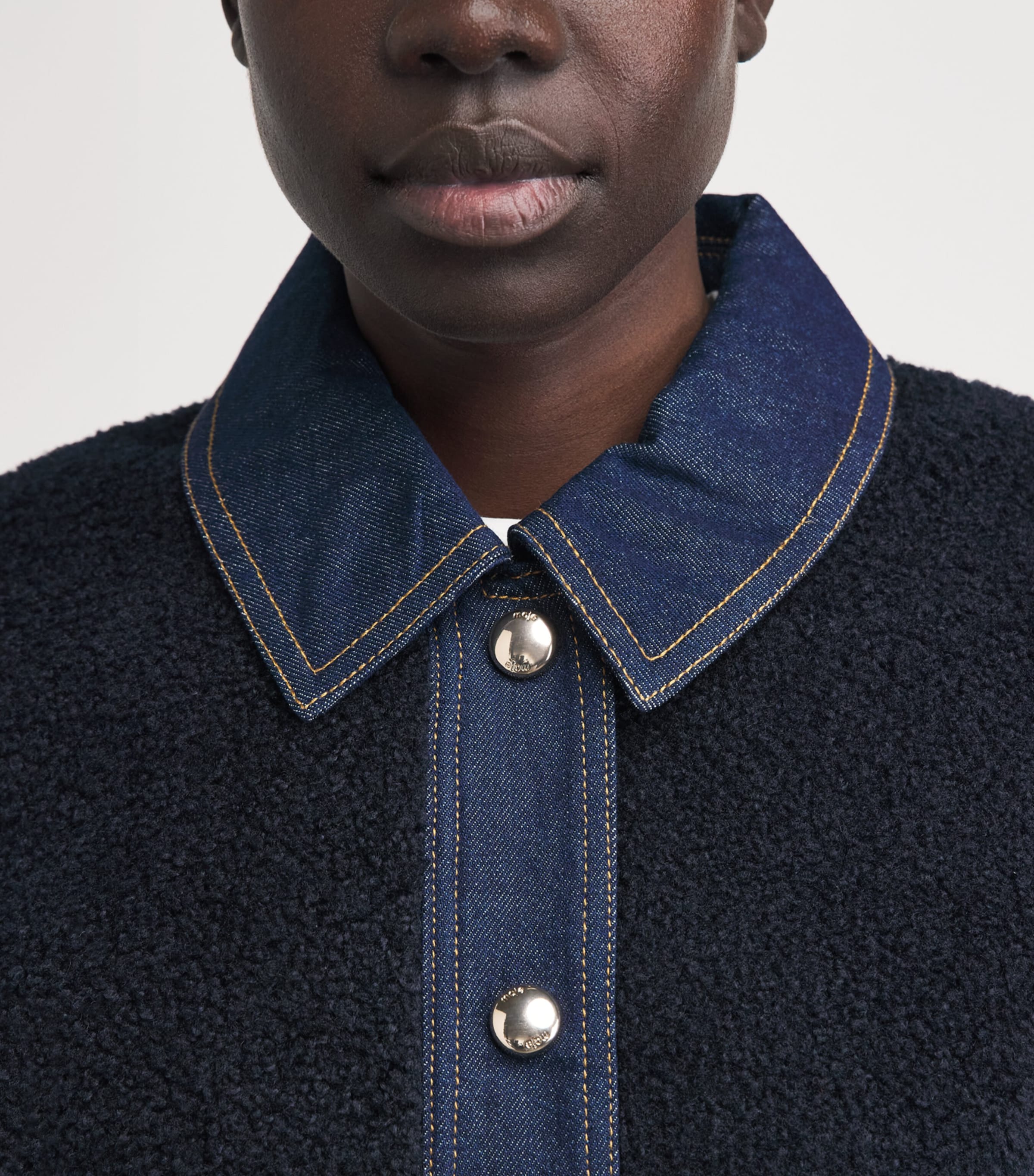 Maje Womens Bouclé Denim-Trim Jacket Navy Image 3