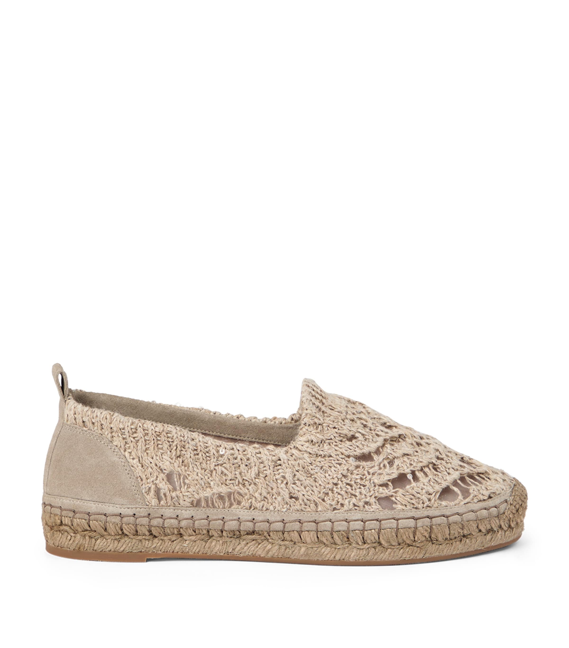 Brunello Cucinelli Linen-blend Dazzling Foliage Lace Knit Espadrilles In Brown