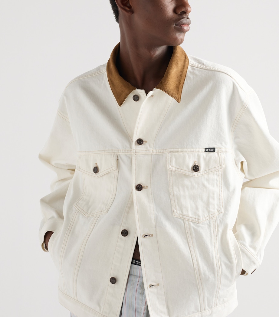 Prada Mens Leather-Collar Denim Jacket White Image 6