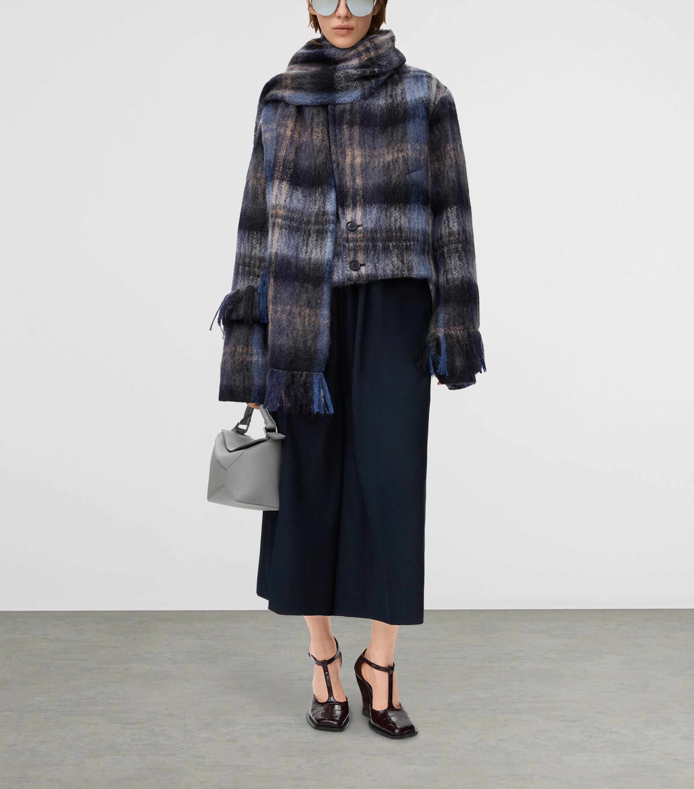 Mohair-Wool Scarf-Detail Check Coat BLUE/MULTICOLOR Image 3