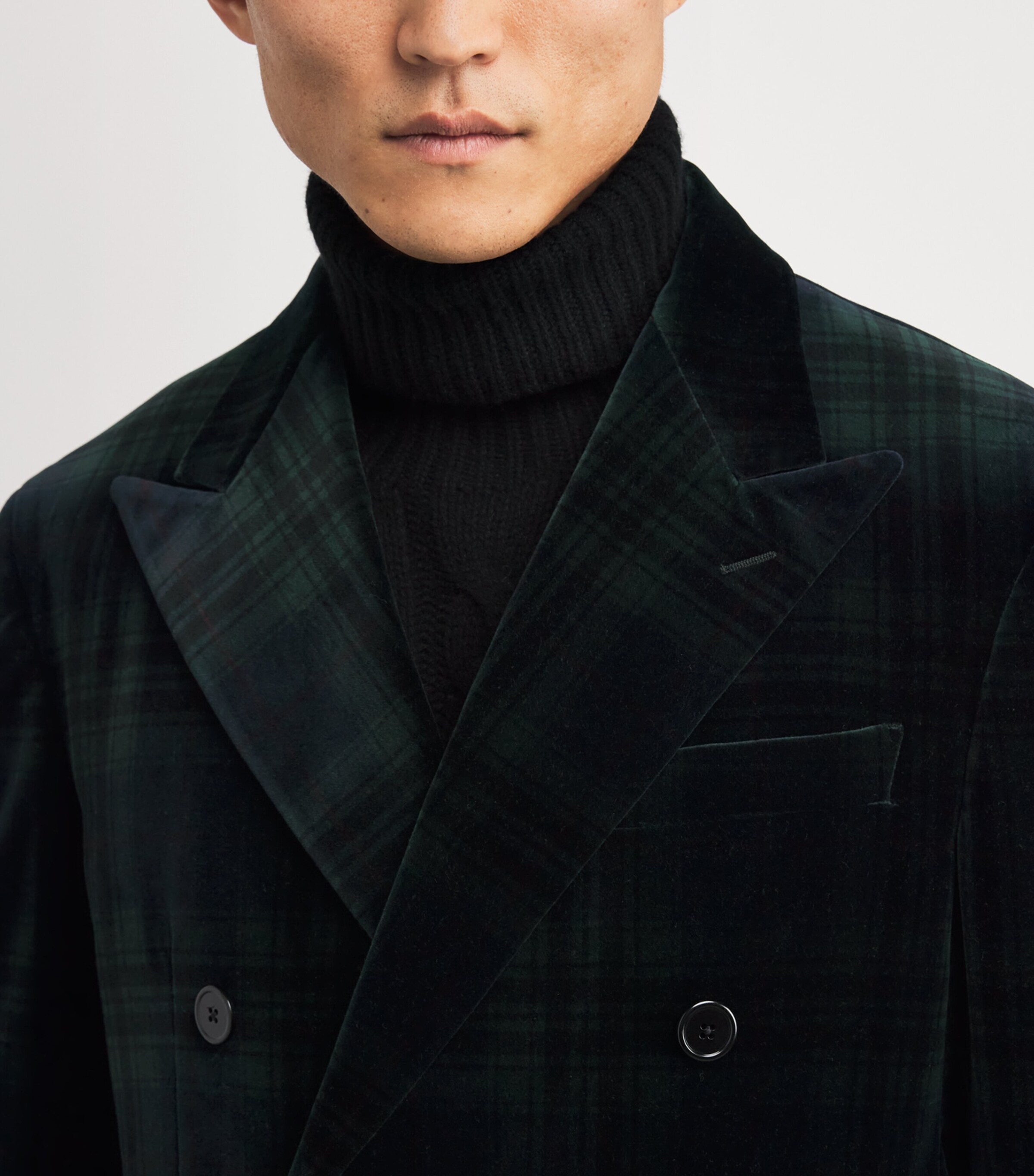 Cotton Velvet Tartan Double-Breasted Blazer GREEN Image 6