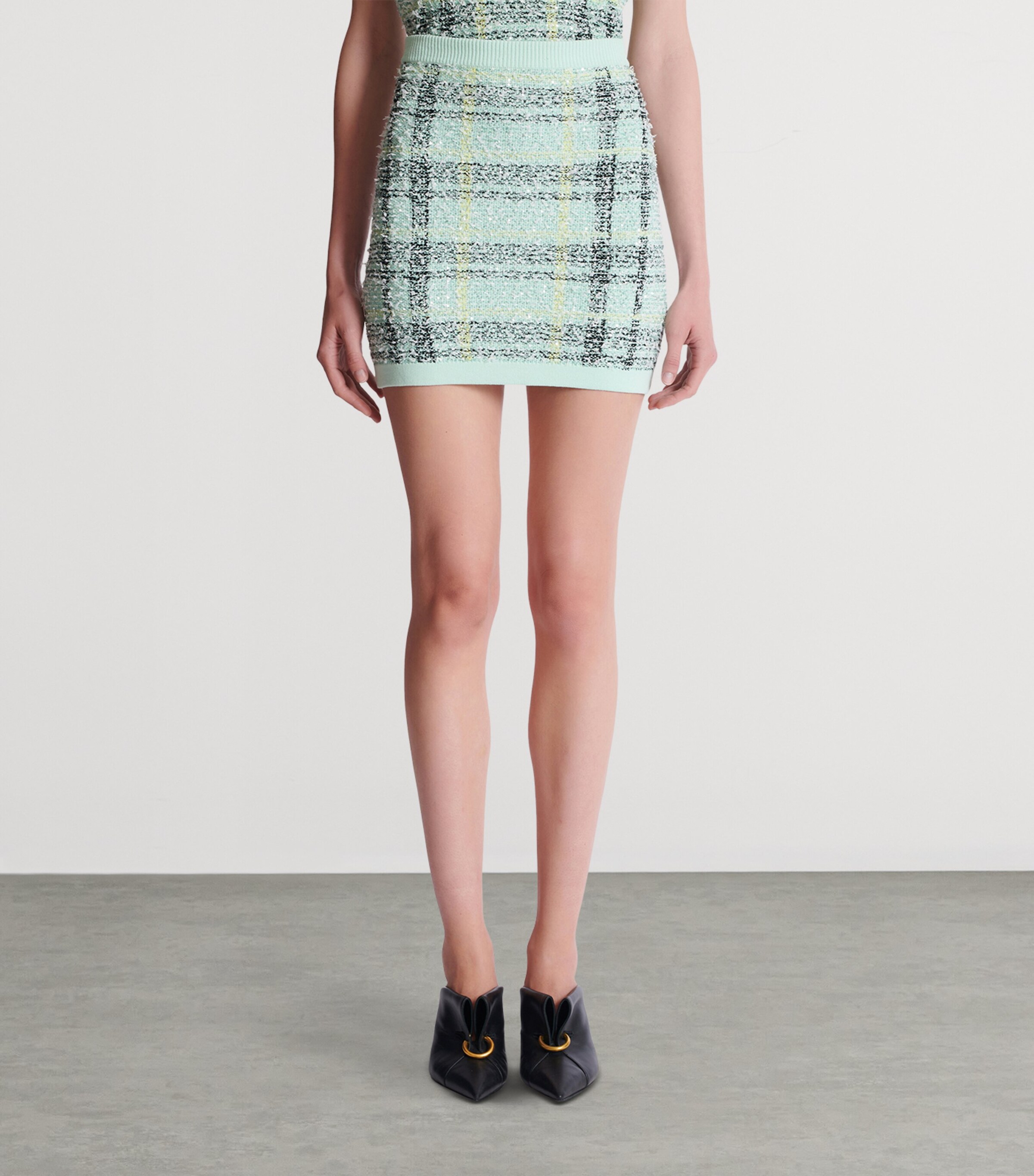 Tweed Embellished Plaid Mini Skirt ULM VERT/JAUNE/NOIR Image 4
