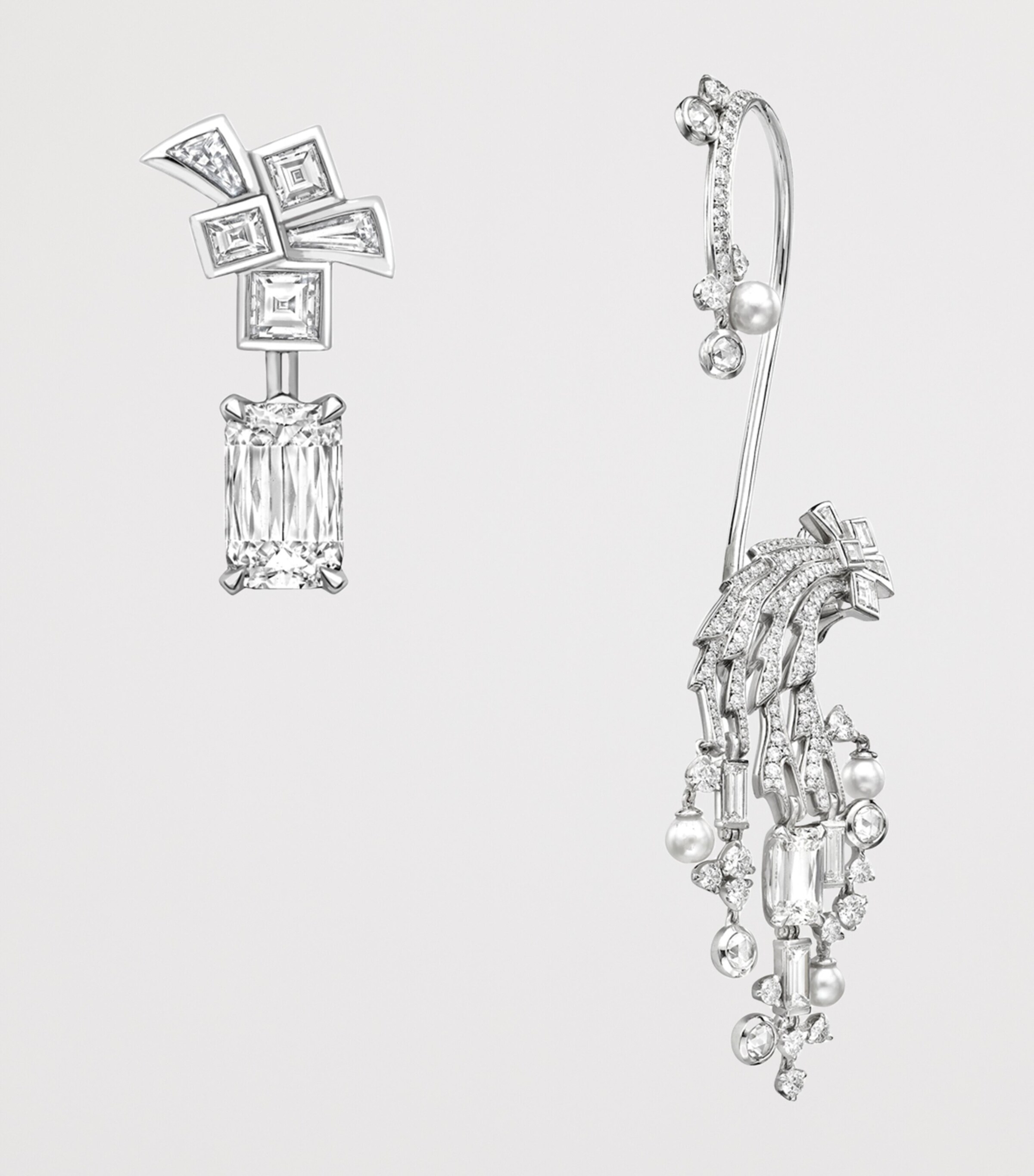 White Gold, Diamond and Pearl Victoria Falls Inside Africa Asymmetric Earrings SILVER Image 4