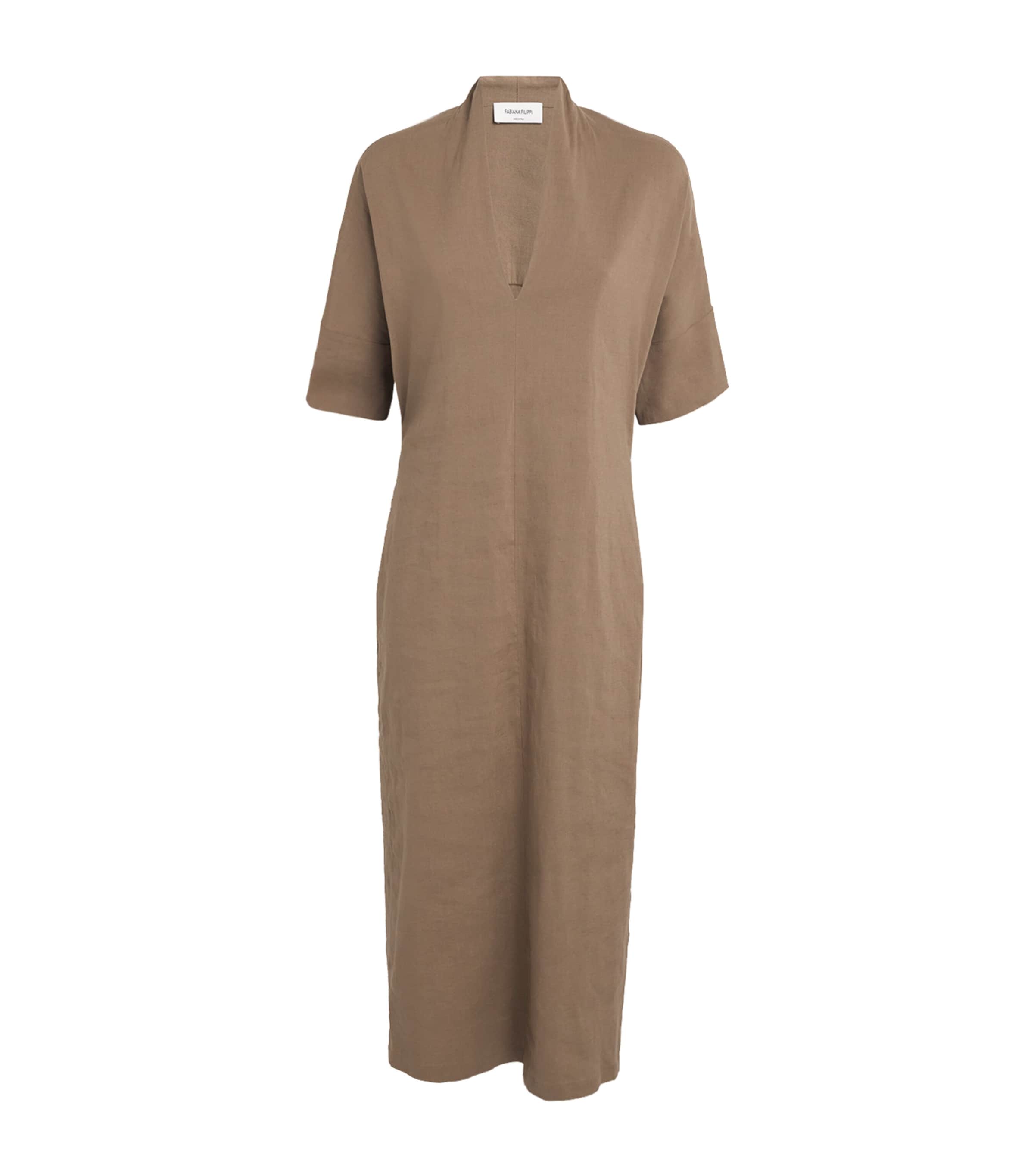 Shop Fabiana Filippi Linen-blend V-neck Midi Dress In Brown