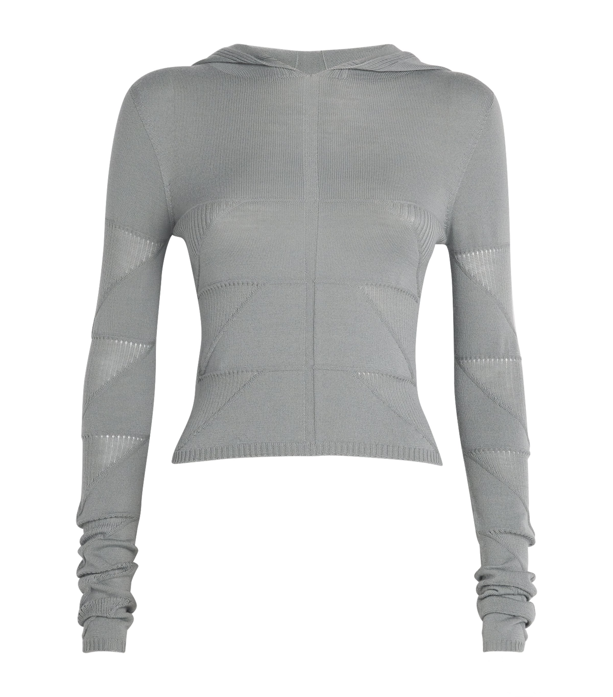 Rick Owens Virgin Wool Knitted Hoodie In Gray