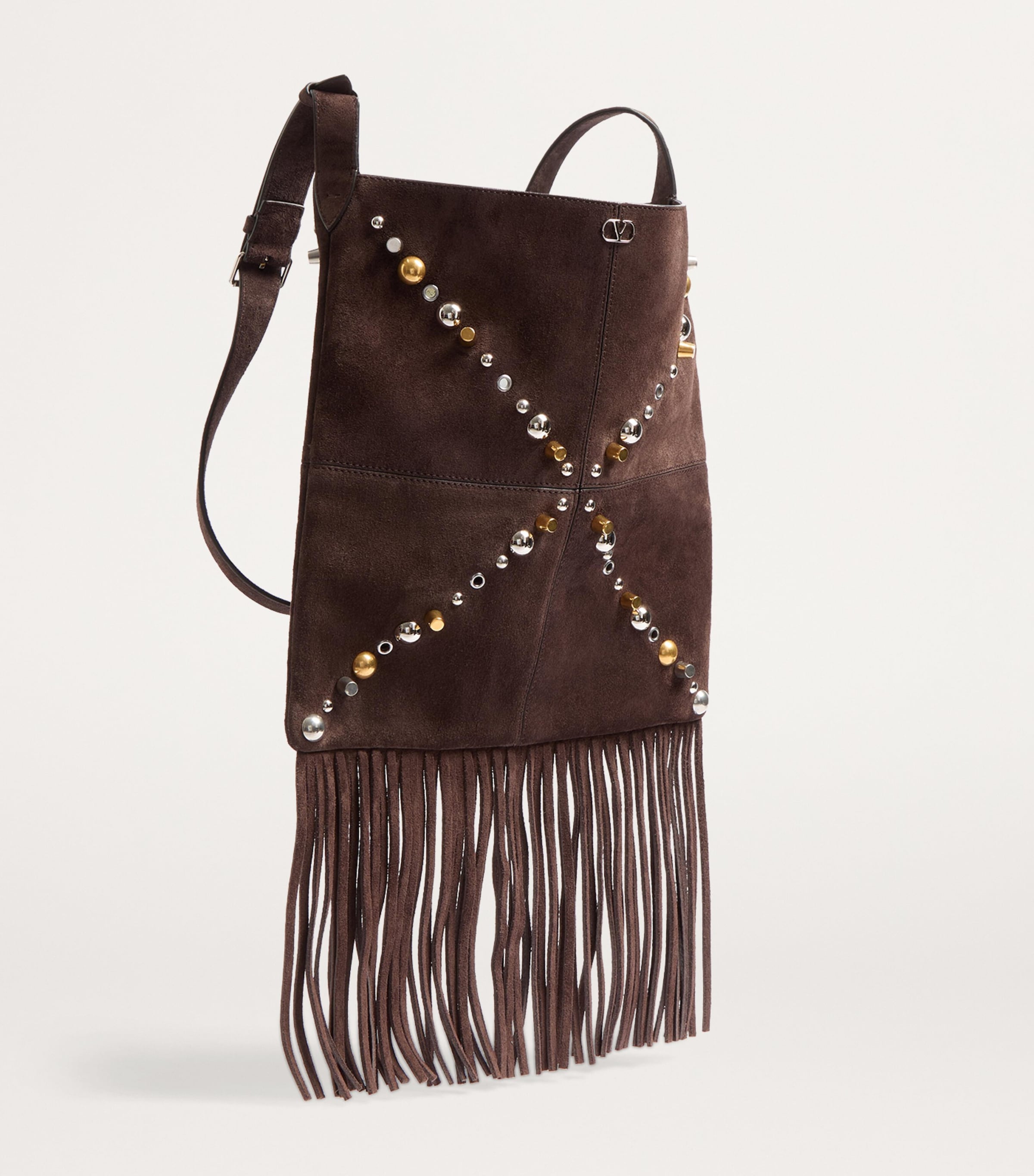 【関税&送料込】Valentino Garavani Brown Suede Nellcate Cros Valentino Garavani Small Nellcôte Fringe Stud Suede