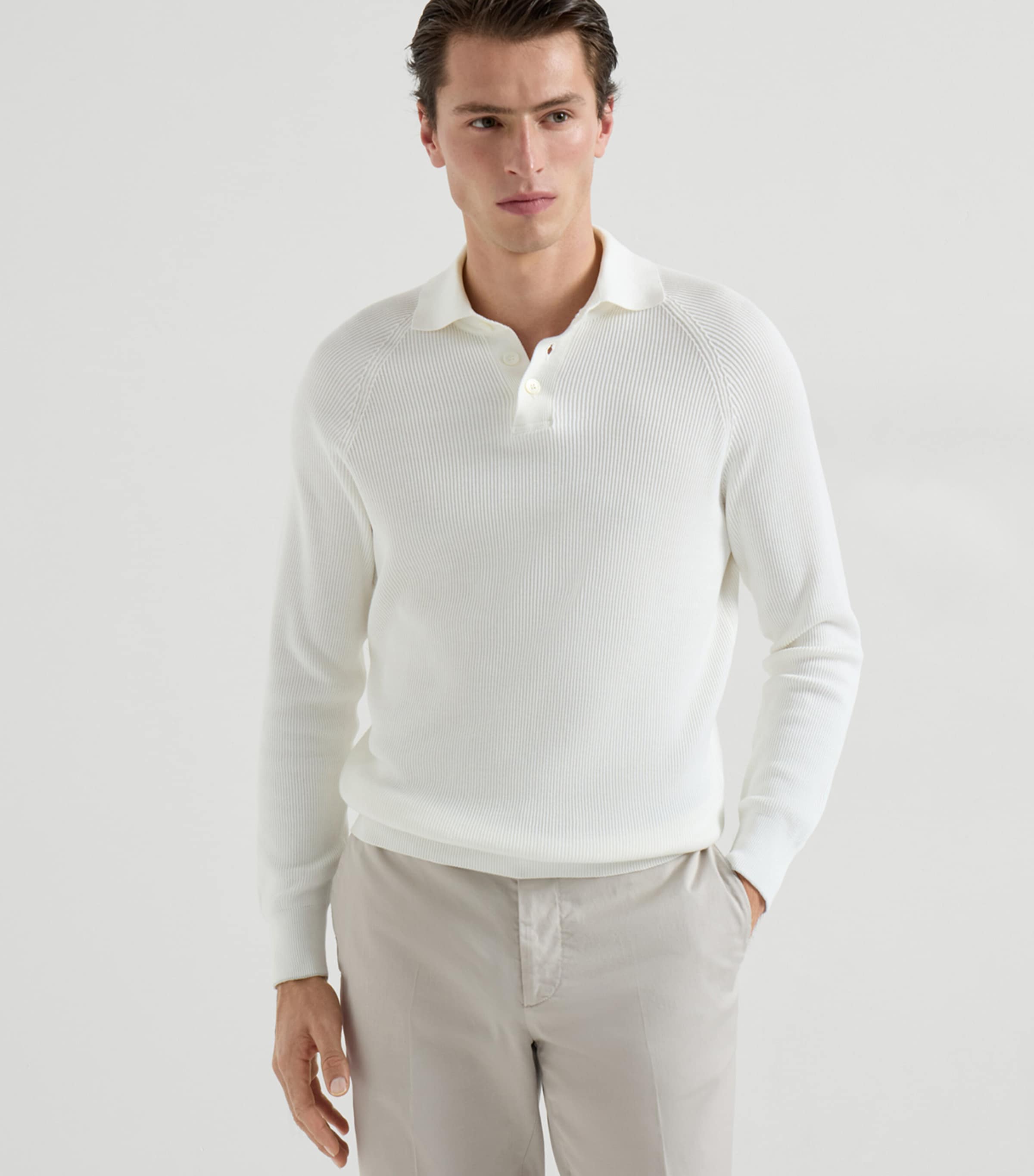 Brunello Cucinelli Mens Cotton Ribbed Polo Sweater Image 4