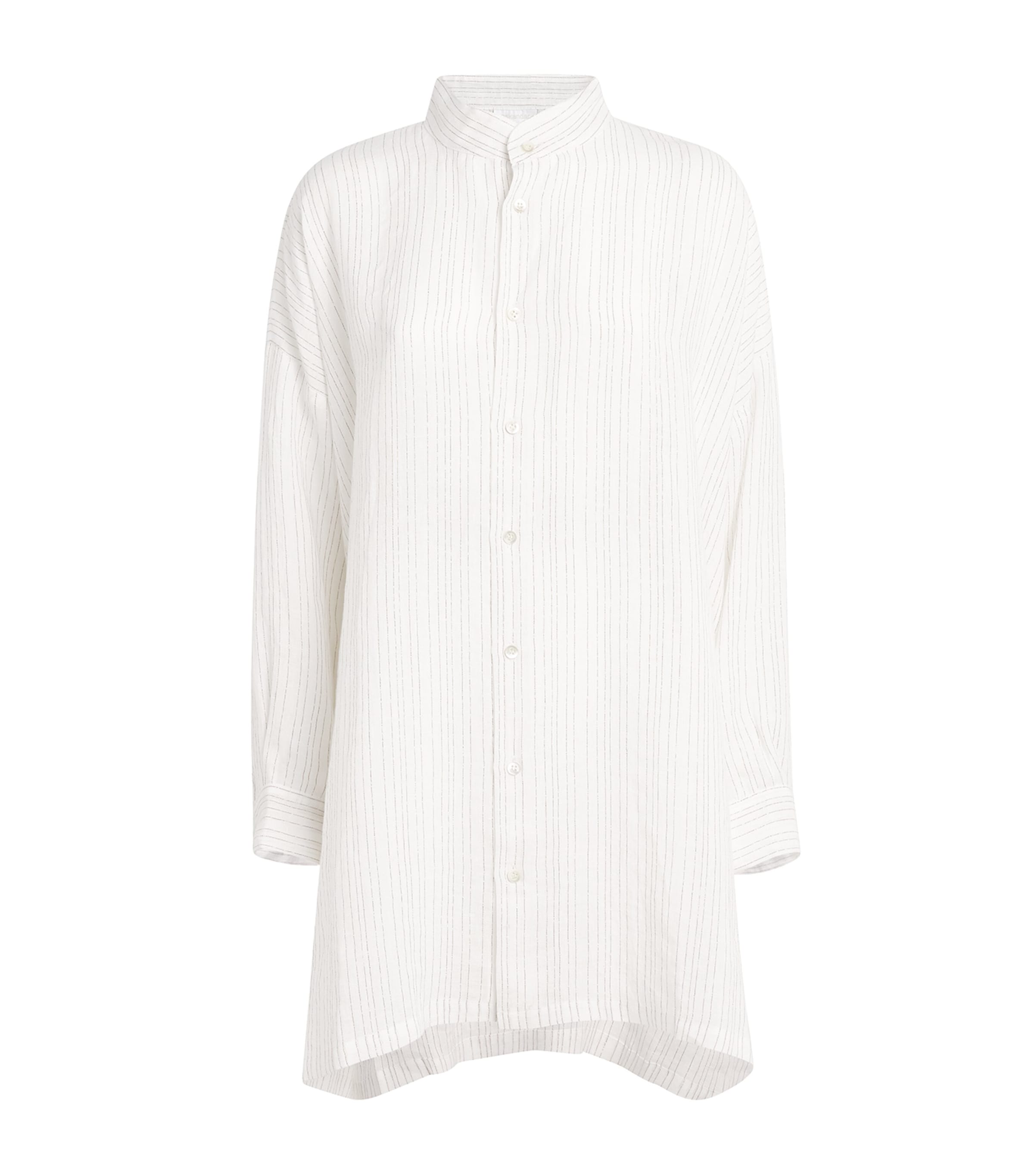 Eskandar Womens Linen-Blend Collarless Stripe Shirt White Image 1