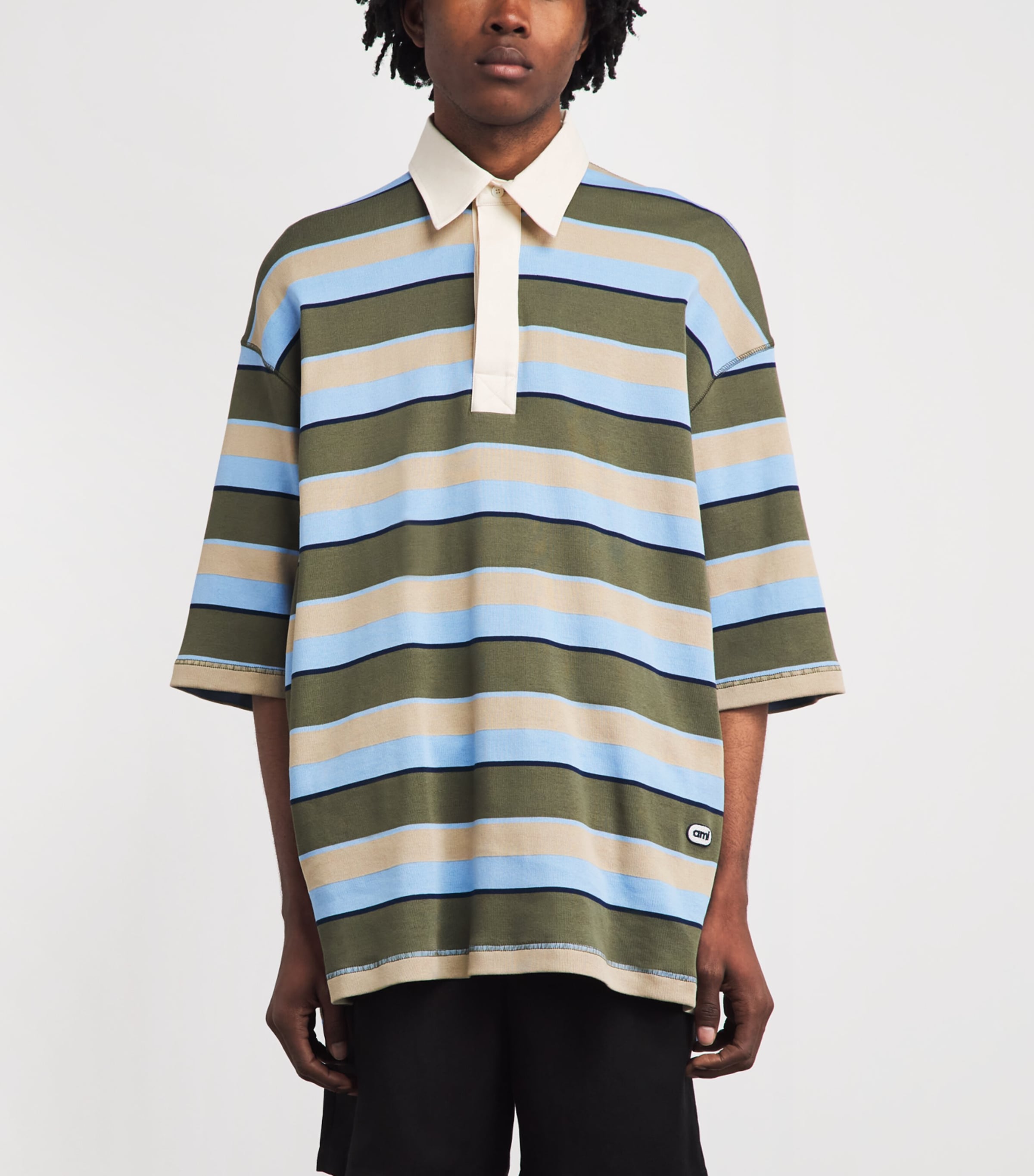 AMI Paris Mens Cotton Oversized Stripe Polo Shirt Kaki/tpe/encre Image 4