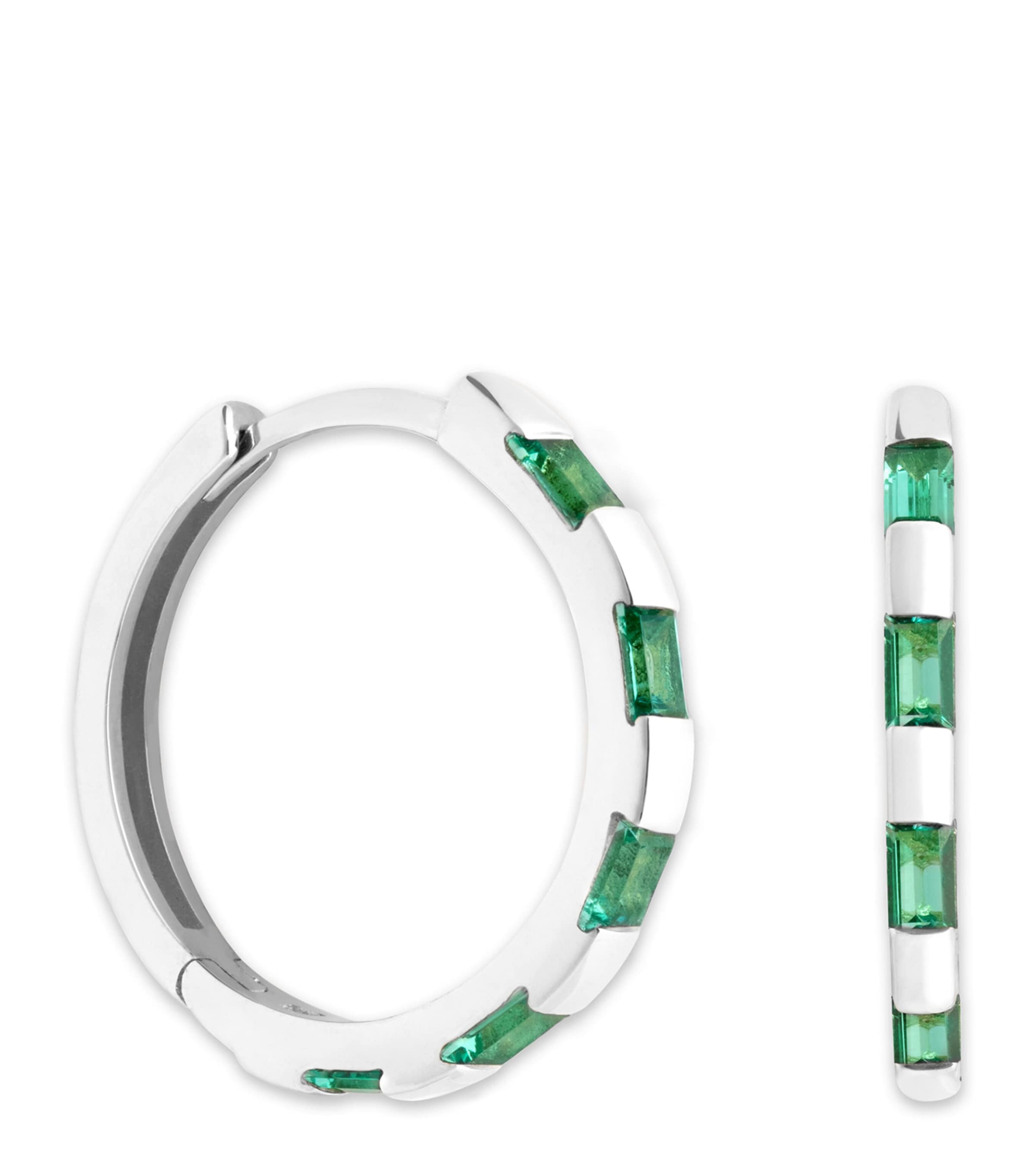 Shop Astrid & Miyu White Gold And Emerald Baguette Hoop Earrings In Silver