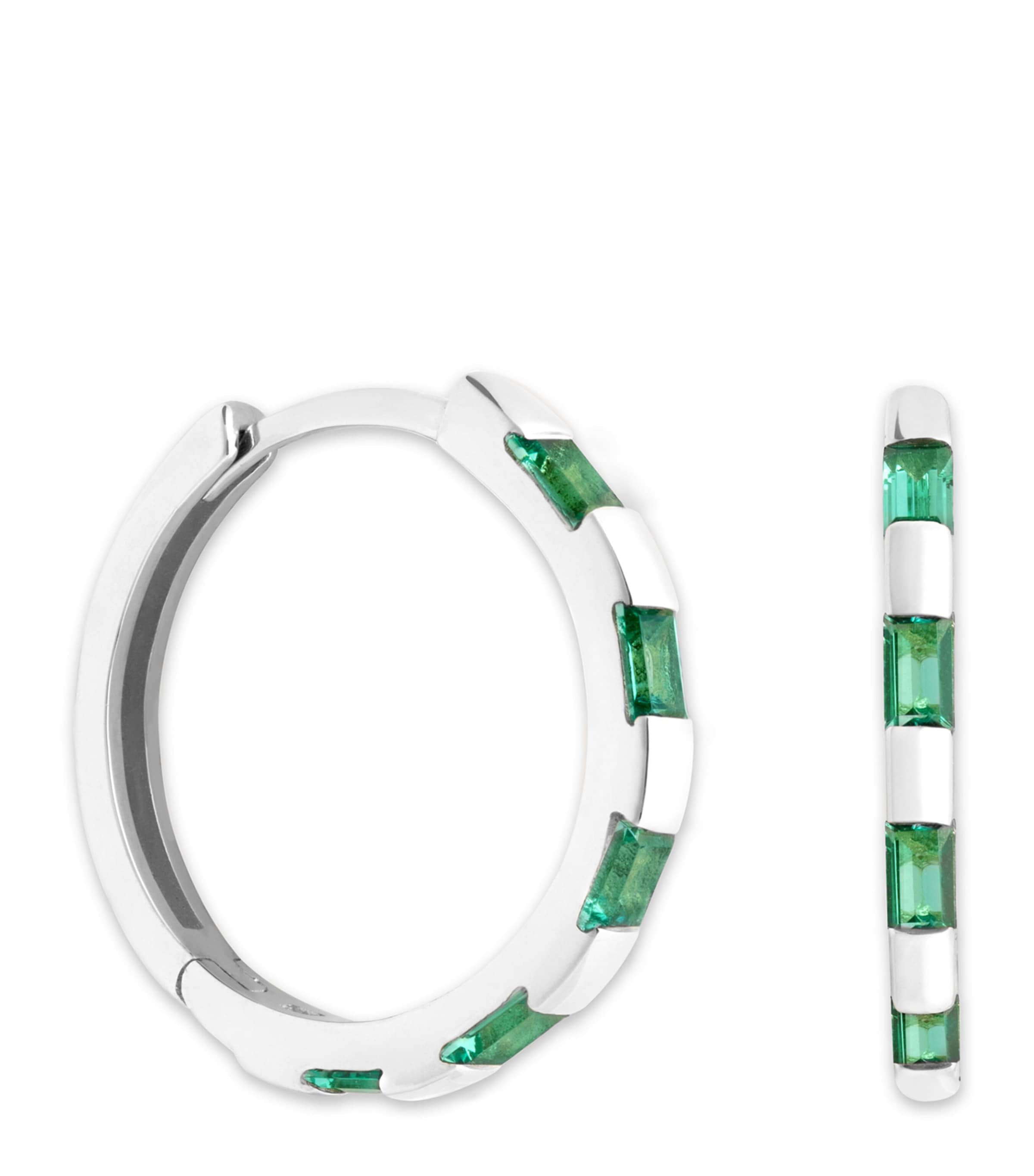Astrid & Miyu White Gold and Emerald Baguette Hoop Earrings | Fashion Jewellery | Earrings