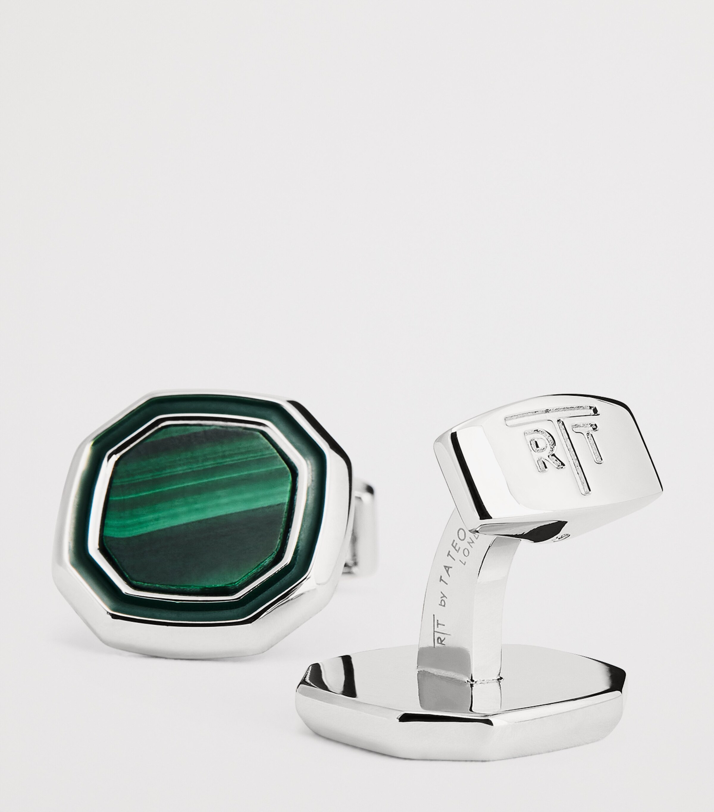 Tateossian White Bronze Malachite-Detail Octagon Cufflinks Green Image 6