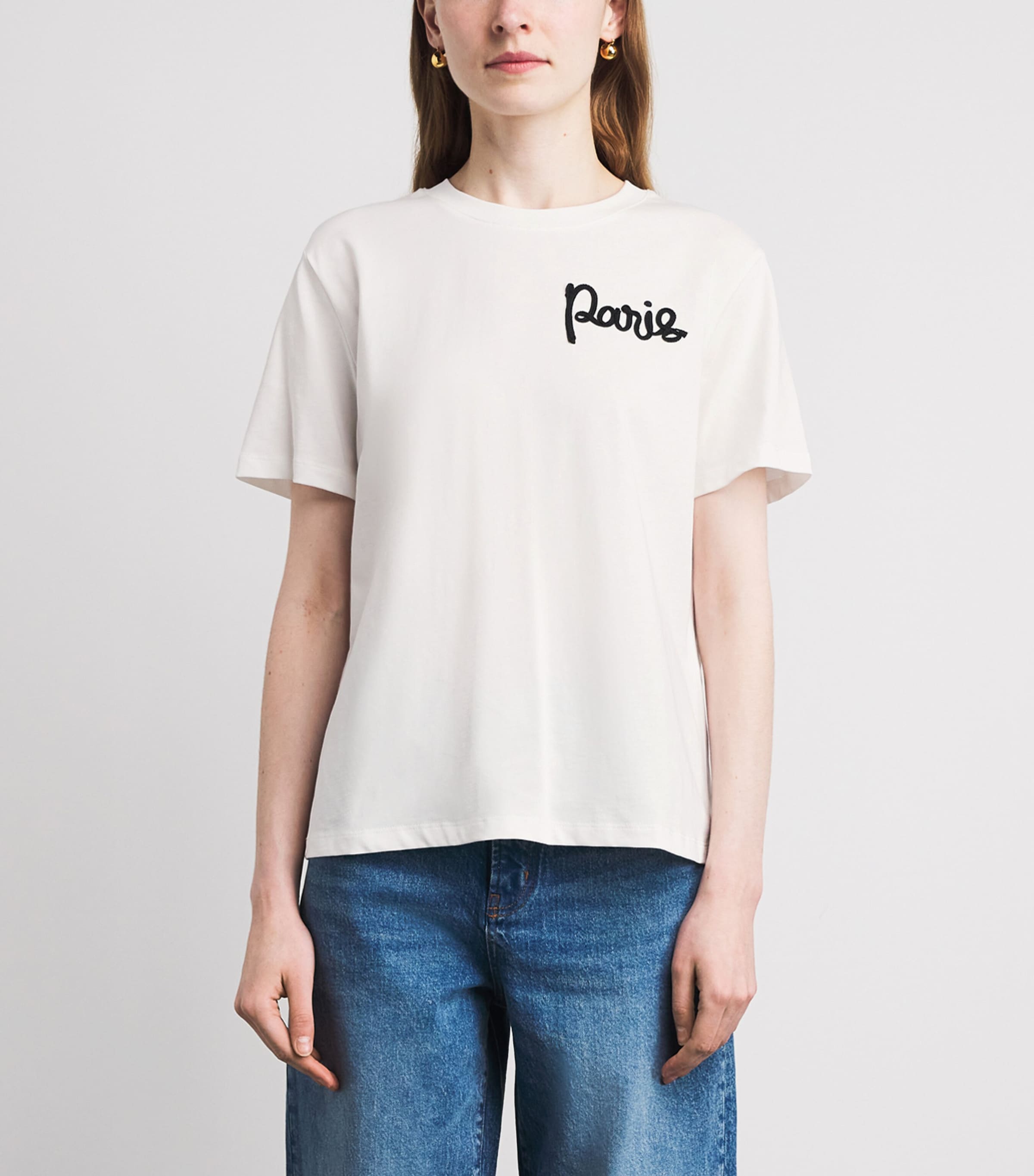 Maje Womens Cotton Paris Embroidered T-Shirt White Image 4