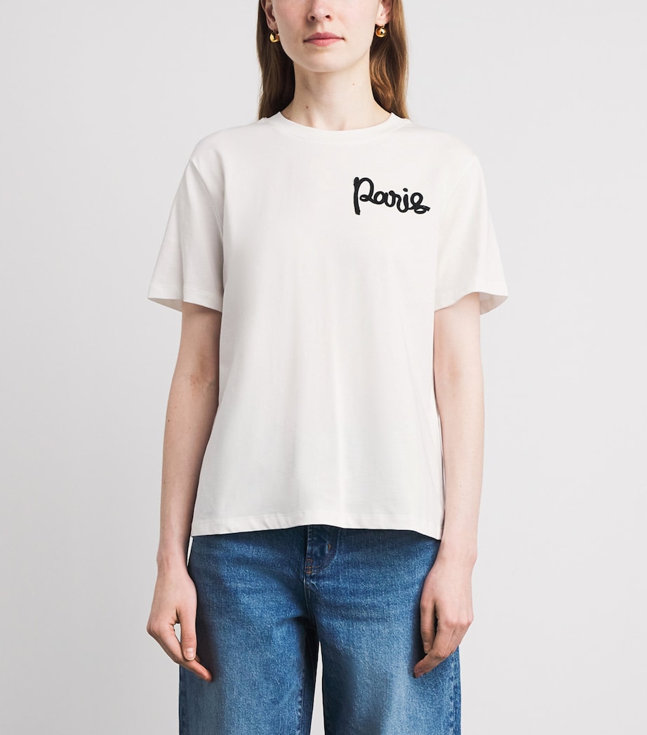 Maje Womens Cotton Paris Embroidered T-Shirt White Image 4