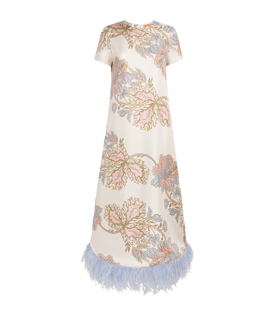 La Doublej Silk Feather-Trim Maxi Swing Dress Swathe