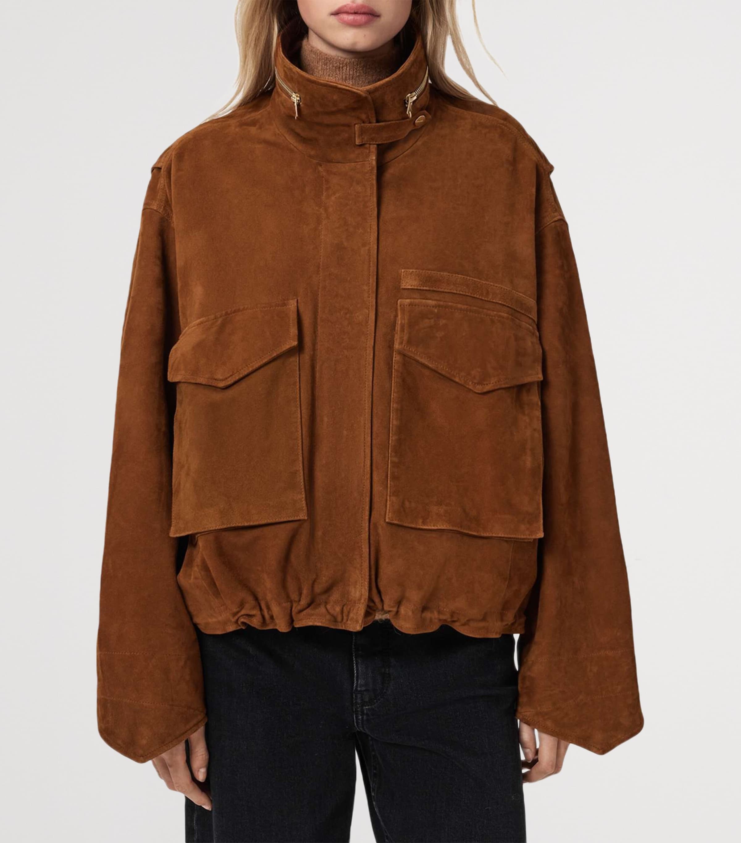 AllSaints Womens Suede Clay Bomber Jacket Cognac Brown Image 3