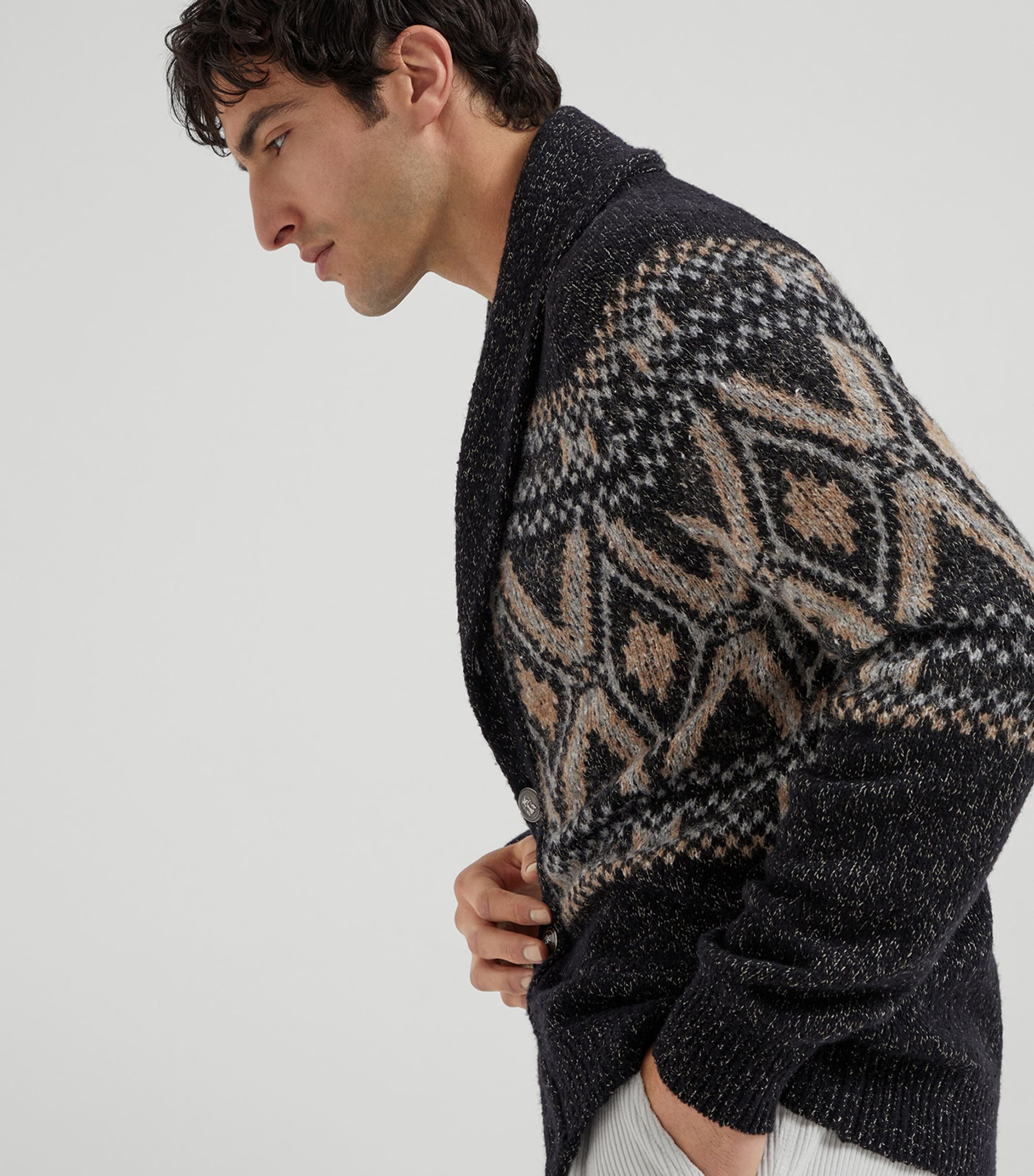 Mouliné Virgin Wool-Silk-Cashmere Jacquard Cardigan CUL12 Image 5