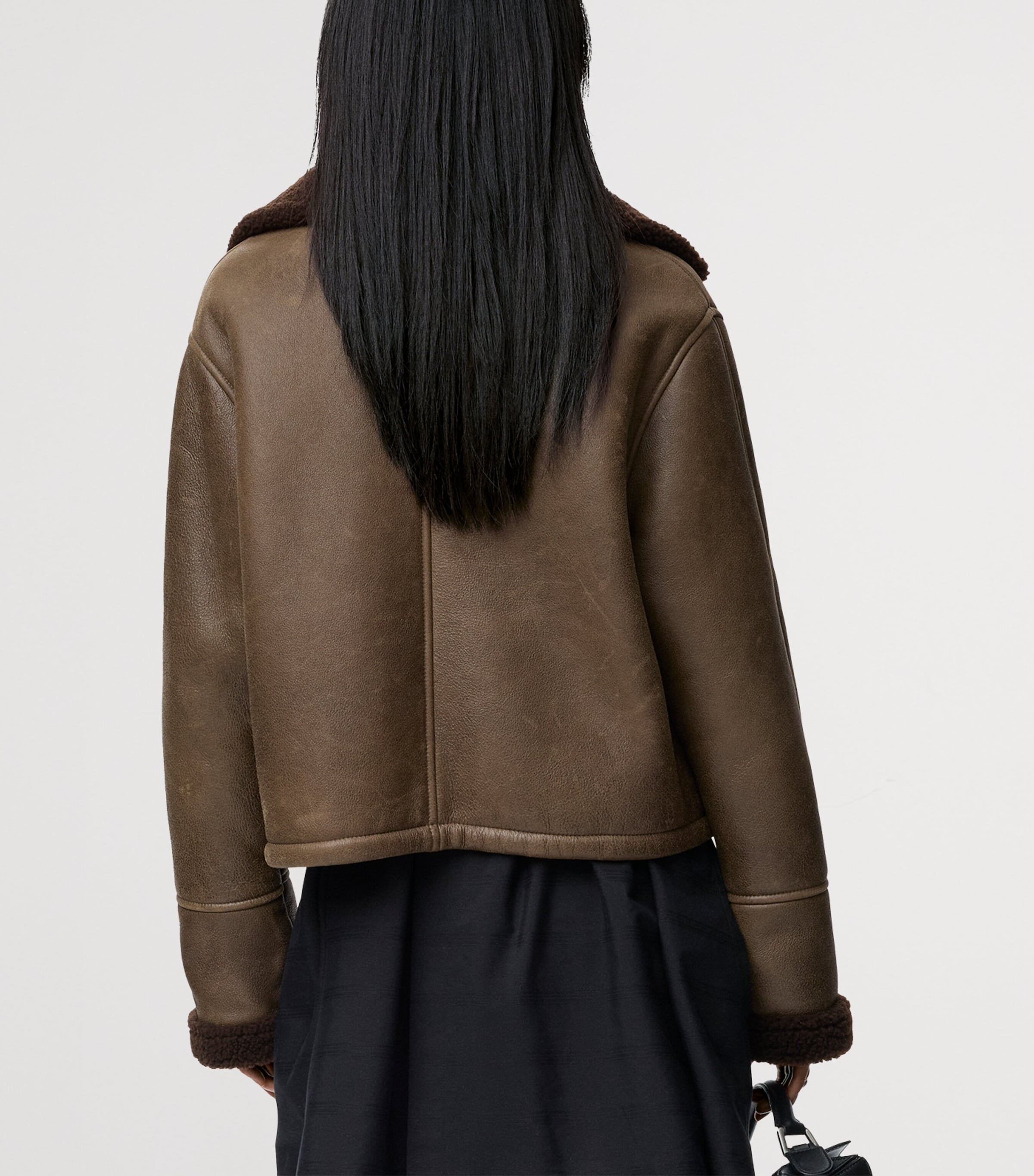 Lambskin Shearling-Collar Aviator Jacket SAGE Image 4