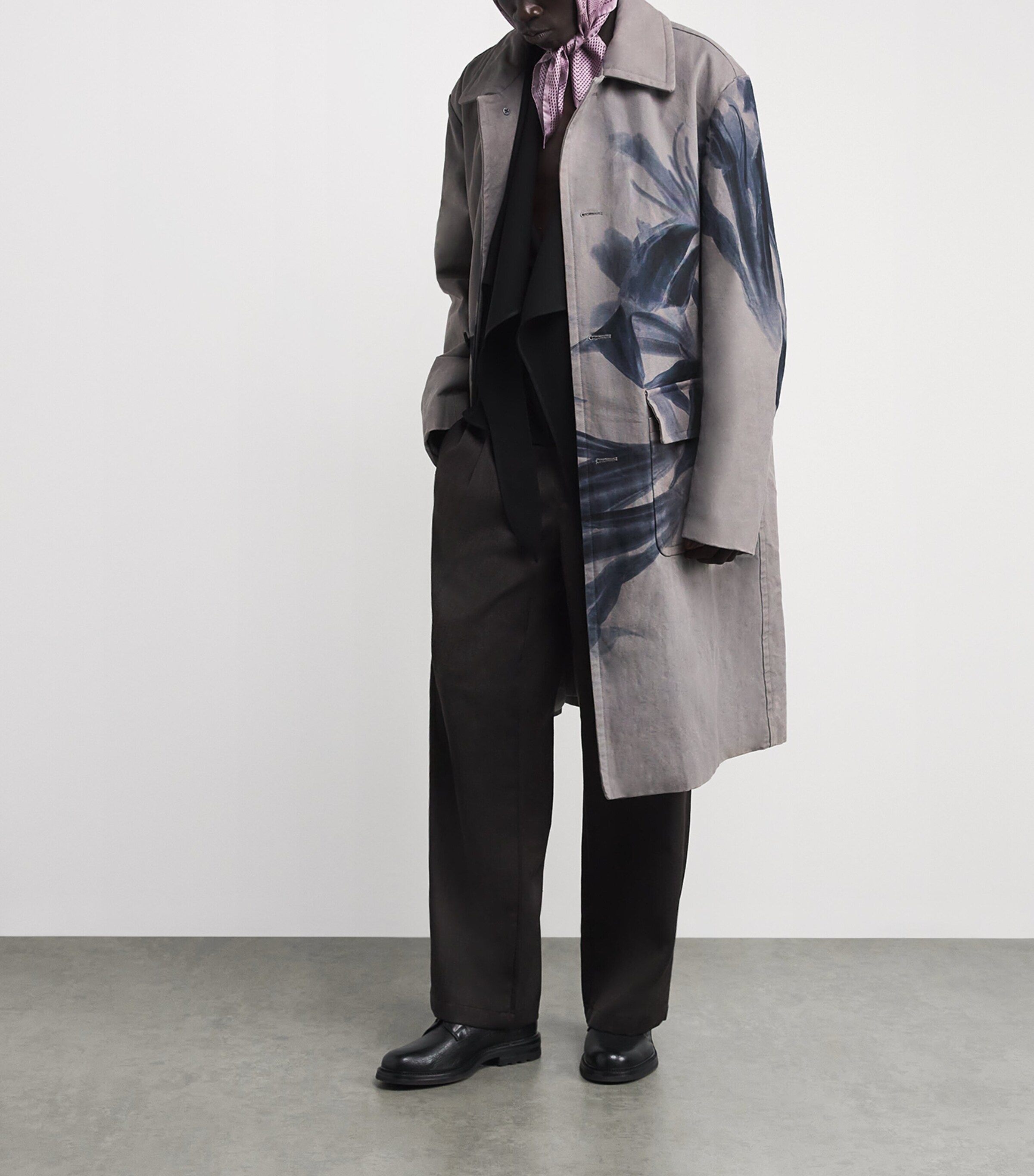 Cotton Floral Print Overcoat GREY Image 2