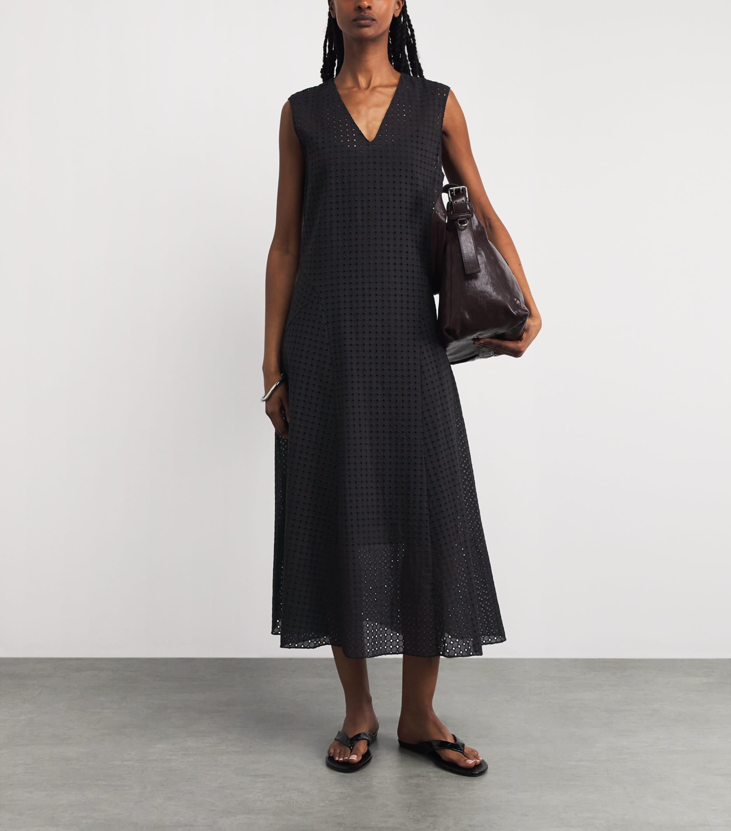 Theory Womens Broderie Anglaise V-Neck Midi Dress Black Image 2
