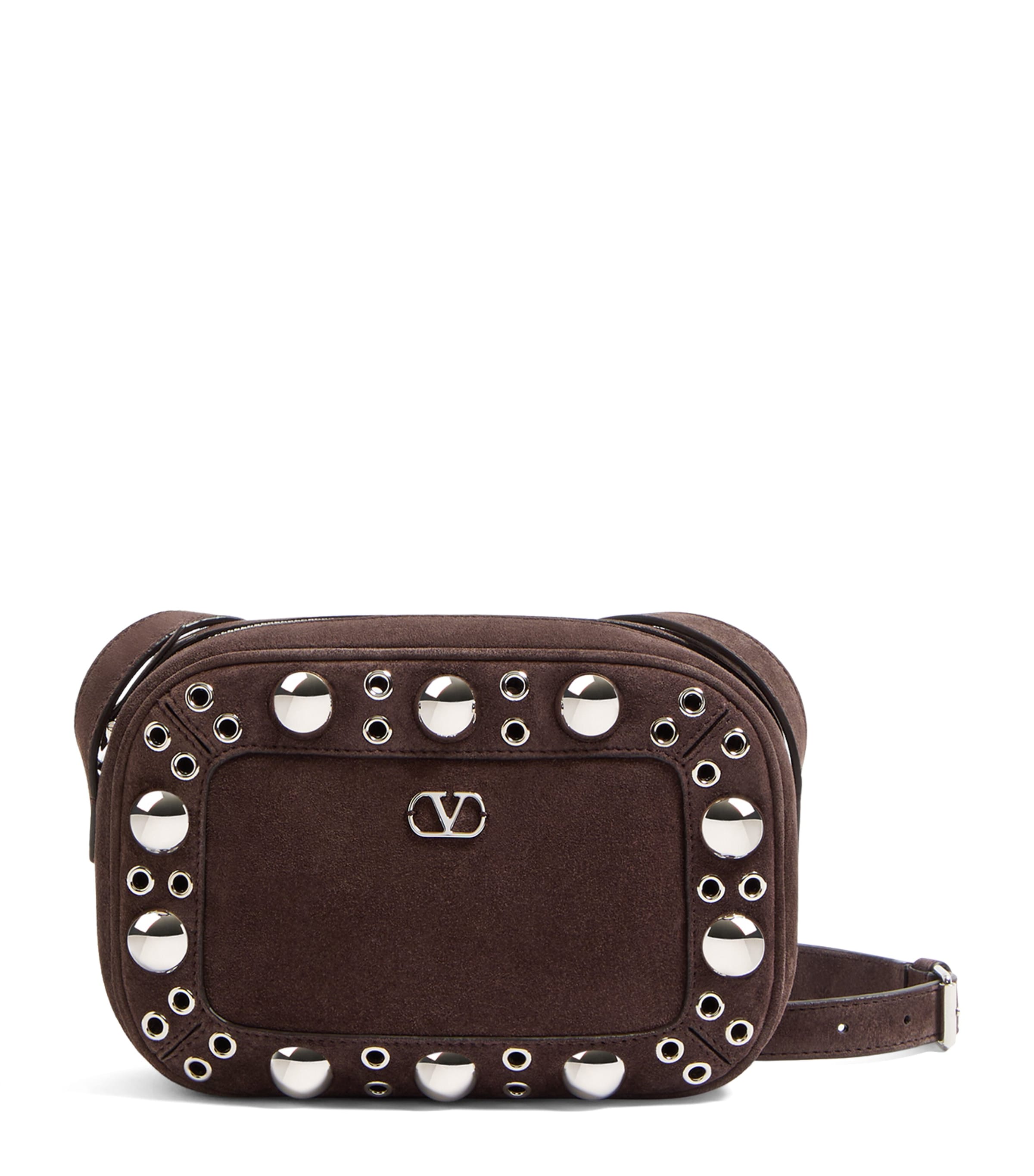 Valentino Garavani Dome-shaped Crossbody Bag With Metallic Eyelets And Adjustable Strap In Brown